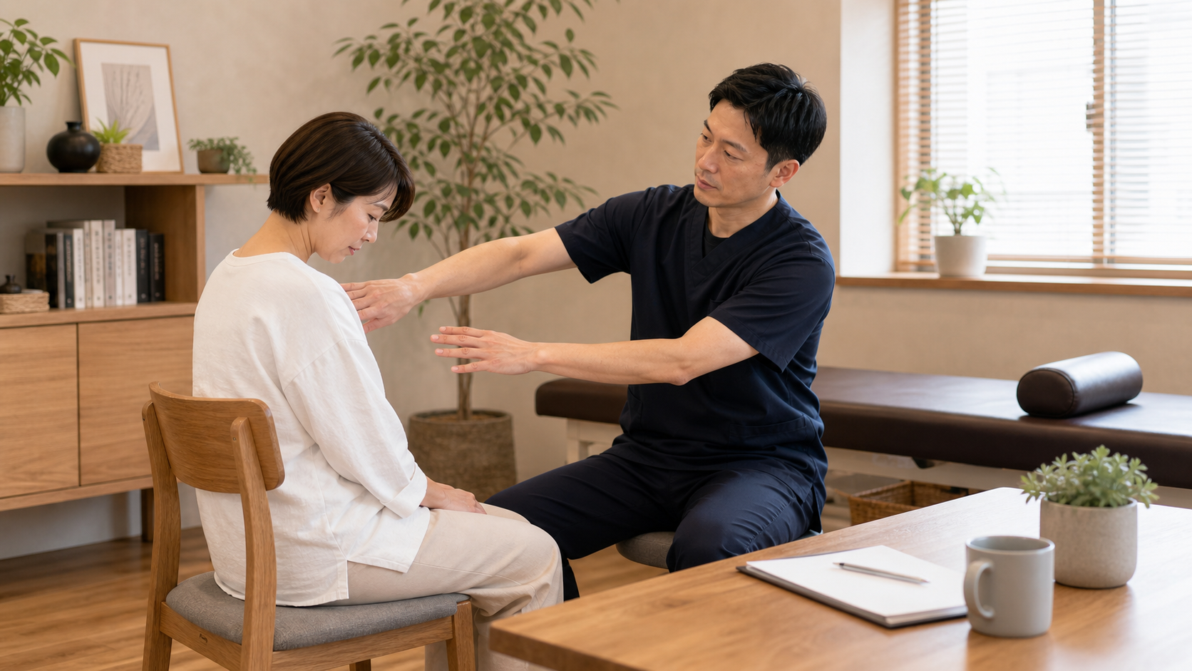 巻き肩の原因となる姿勢や肩甲骨の位置を整体師が確認するイメージ