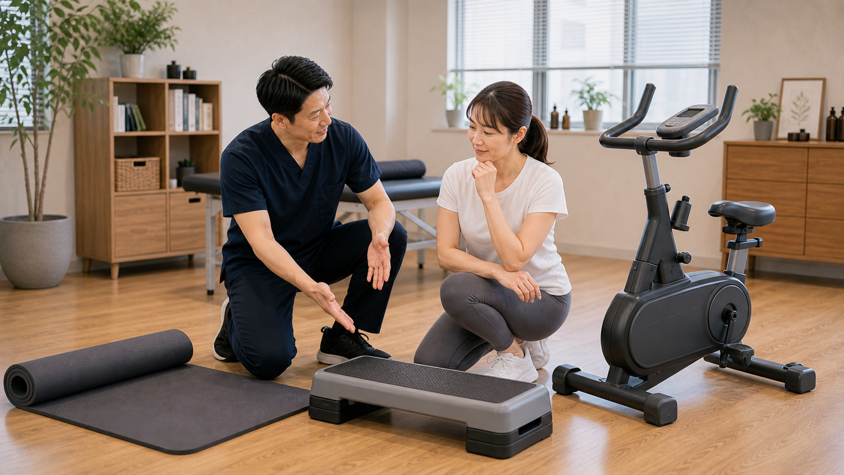 室内で静かにできる有酸素運動の道具を整体師が説明するイメージ