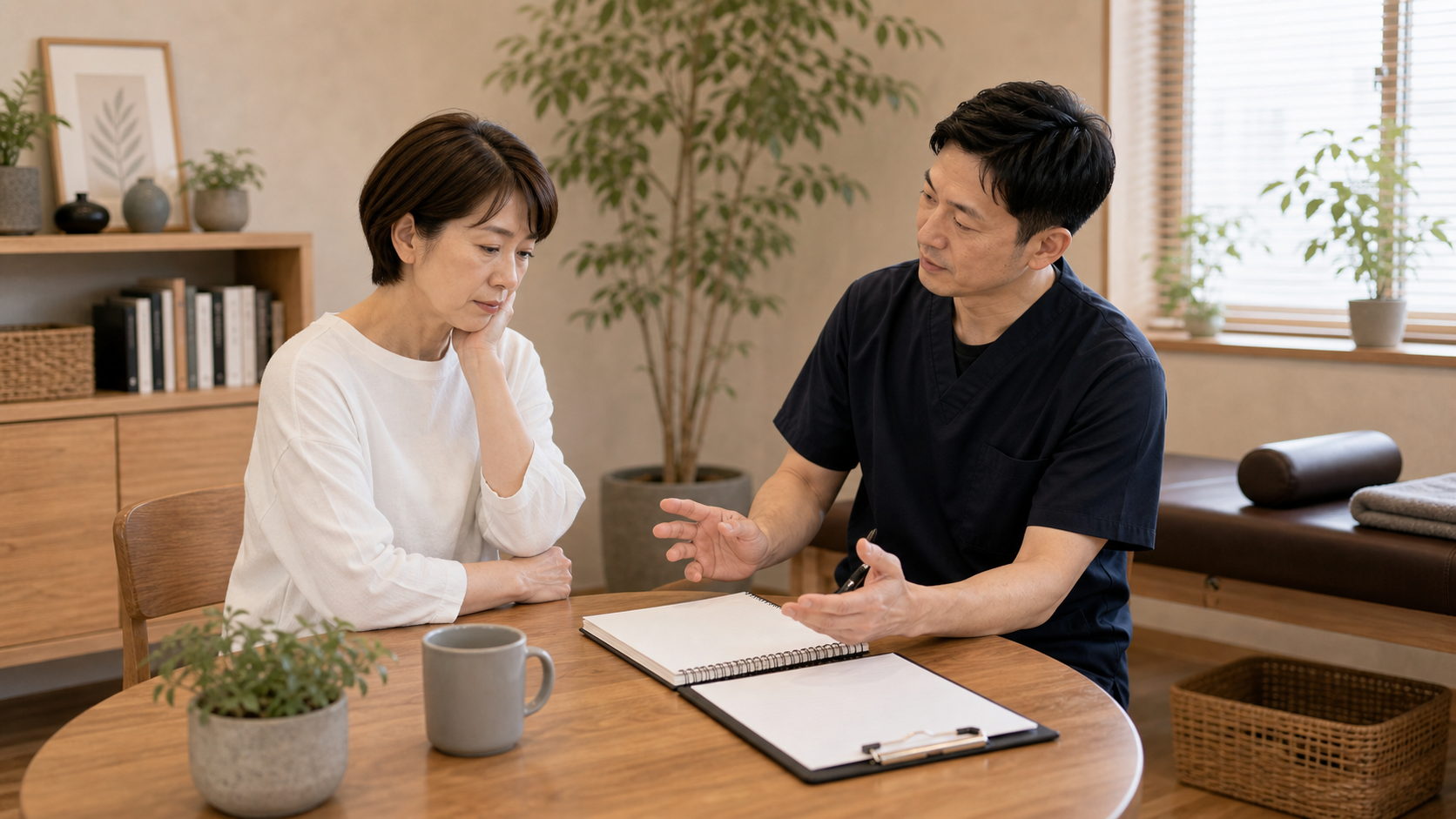 姿勢改善が続かない理由を整体師が相談しながら整理するイメージ