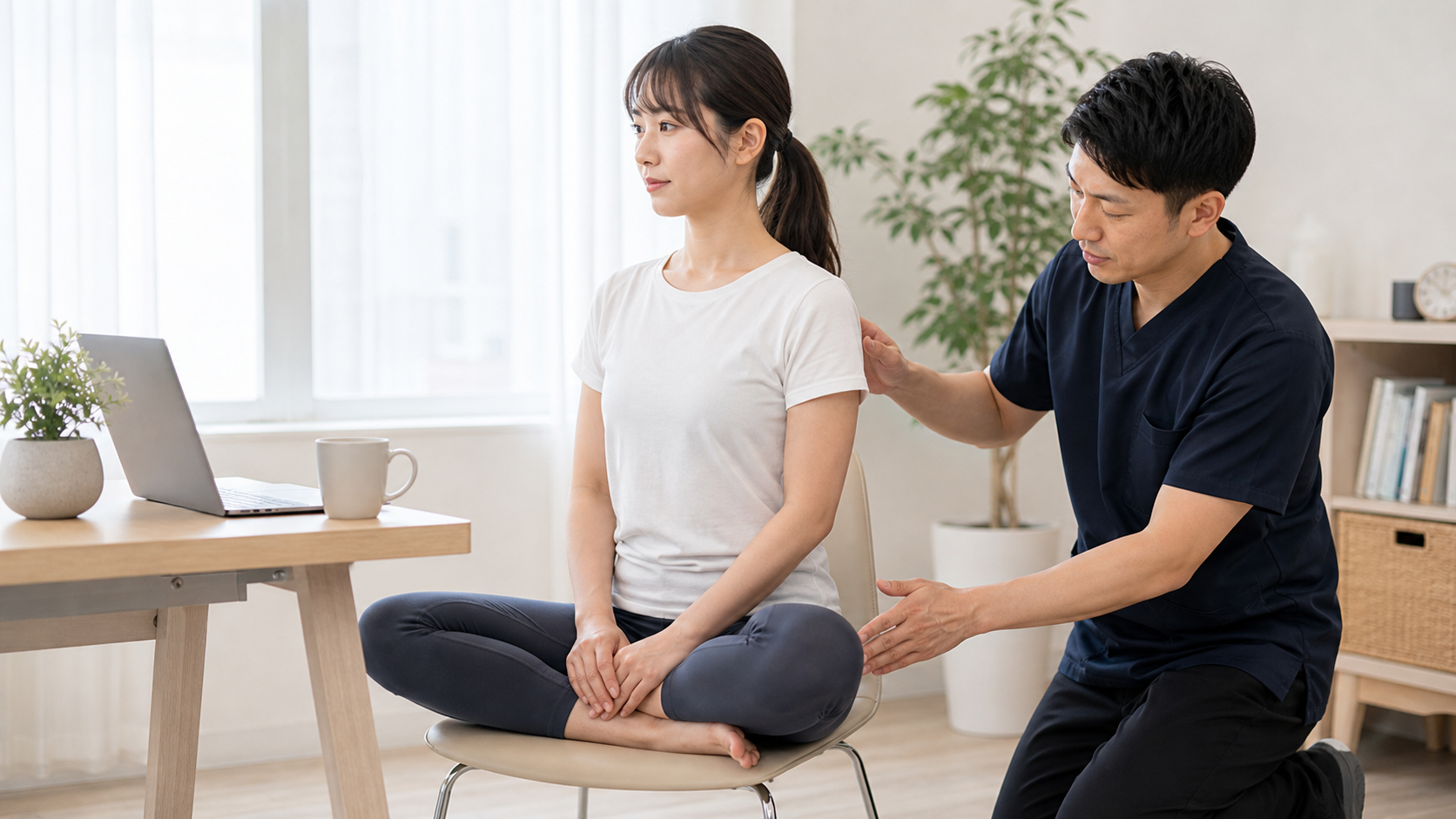 太ももの付け根を太く見せる座り方や姿勢の習慣を整体師が確認するイメージ