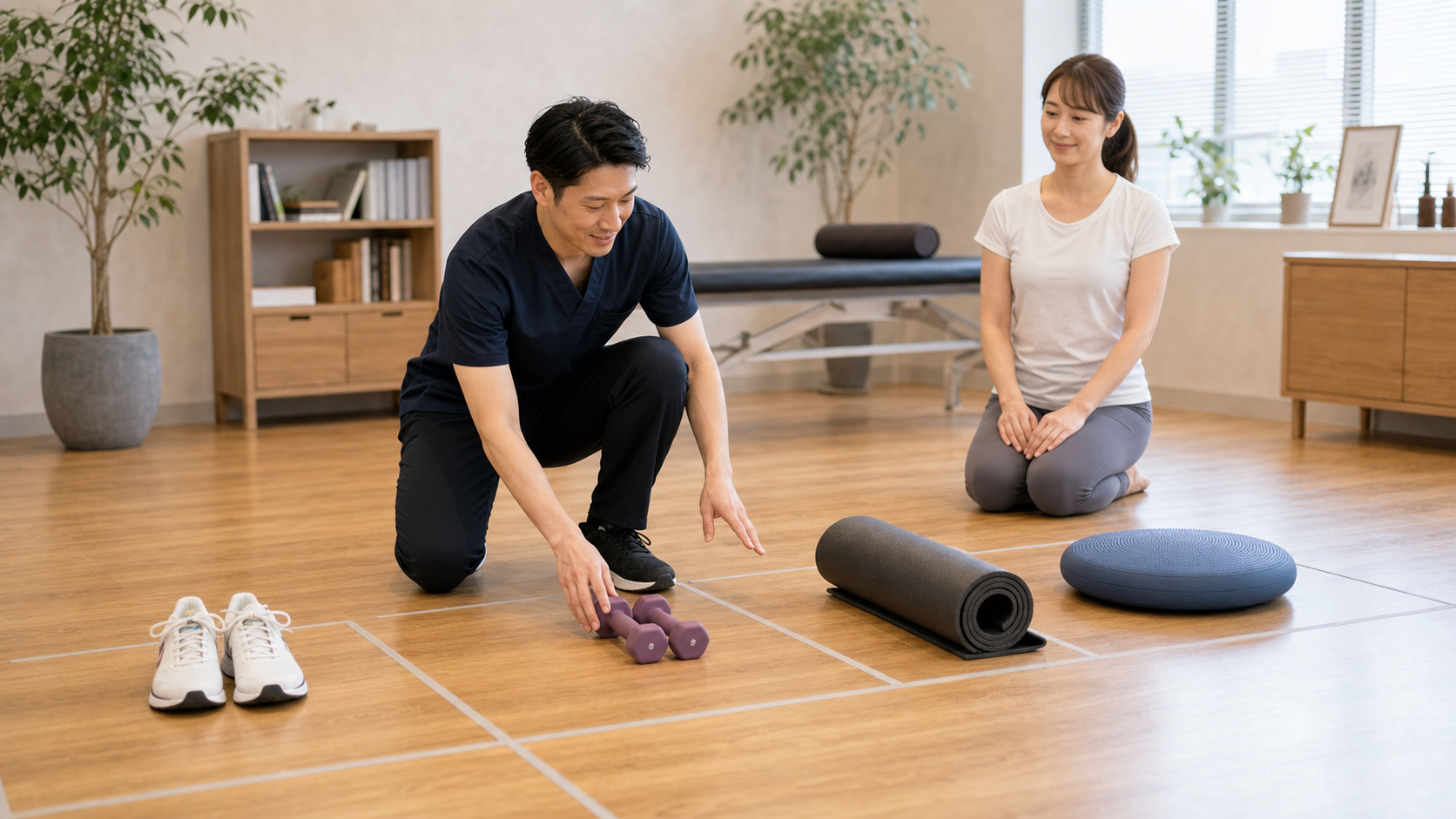 有酸素運動と無酸素運動と柔軟性運動とバランス運動の道具を整体師が説明するイメージ