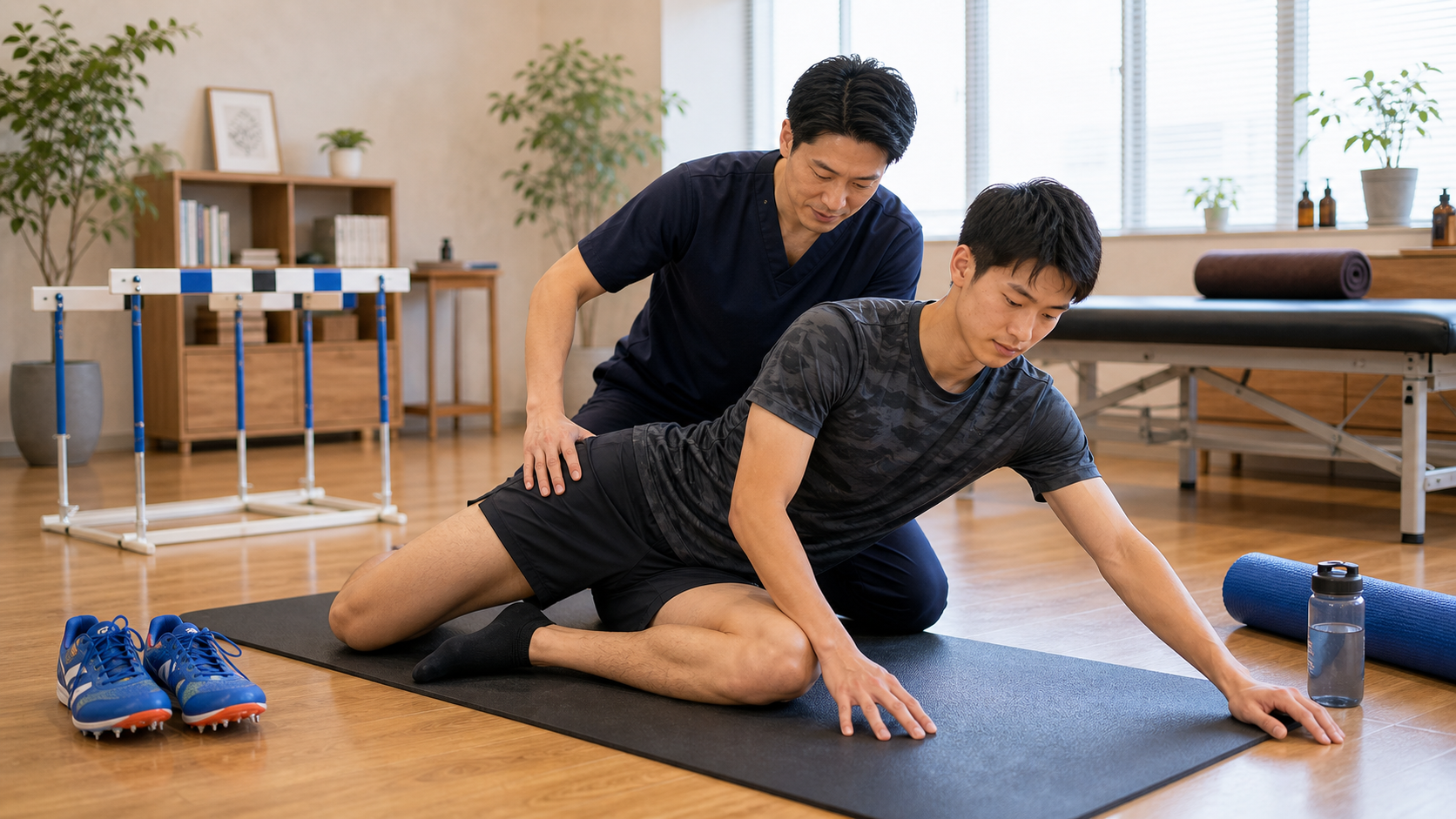陸上選手の股関節とハムストリングスの動きを整体師が確認するイメージ