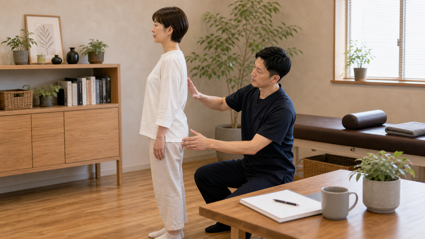 正しい姿勢の重心線を整体師が横から確認するイメージ