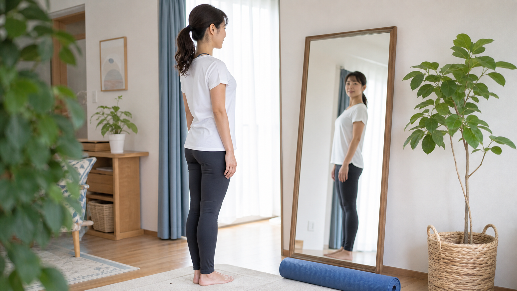 鏡の前で姿勢を確認する日本人女性のイメージ