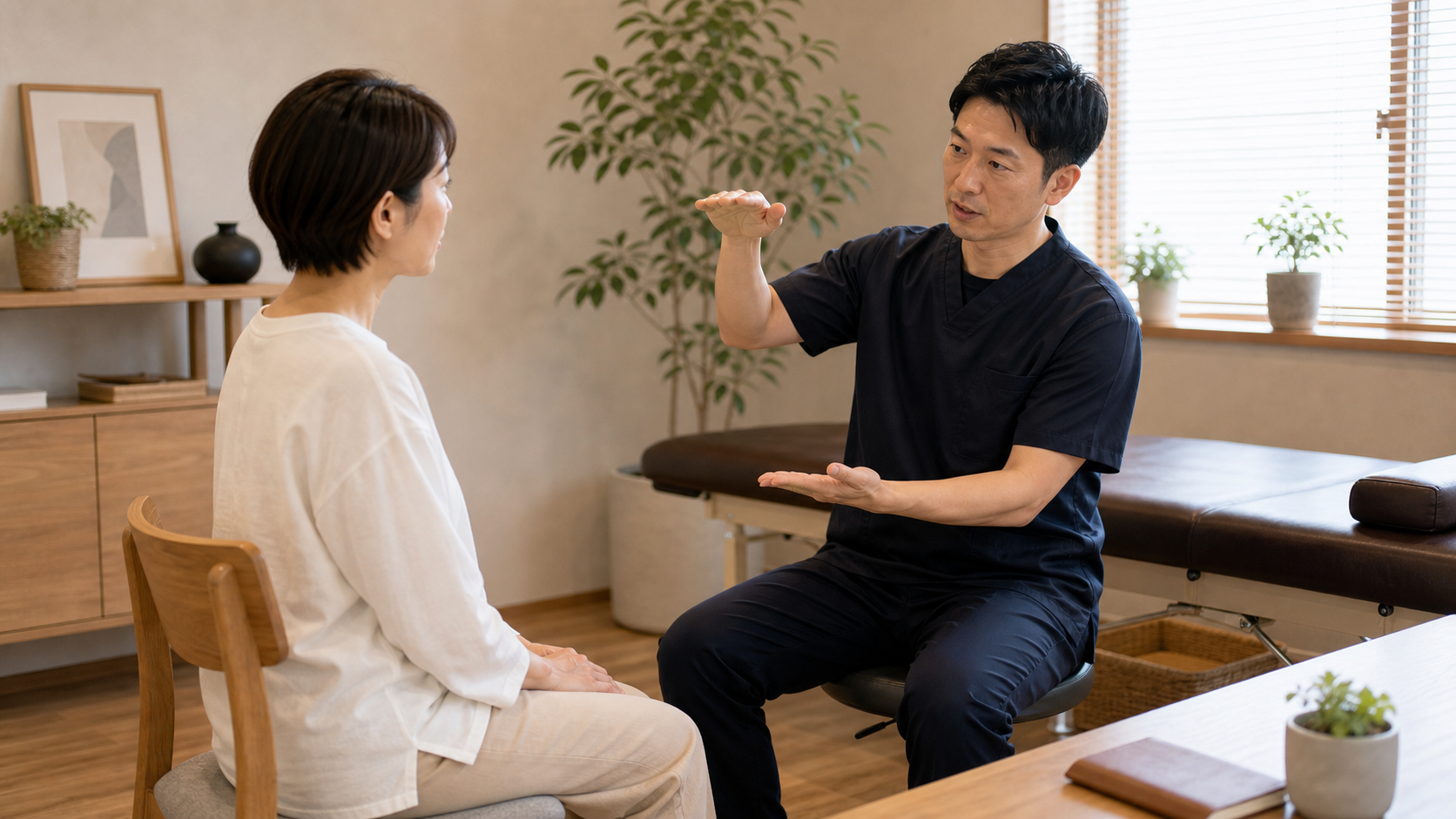 整体とは身体全体を整える手技療法だと整体師が説明するイメージ