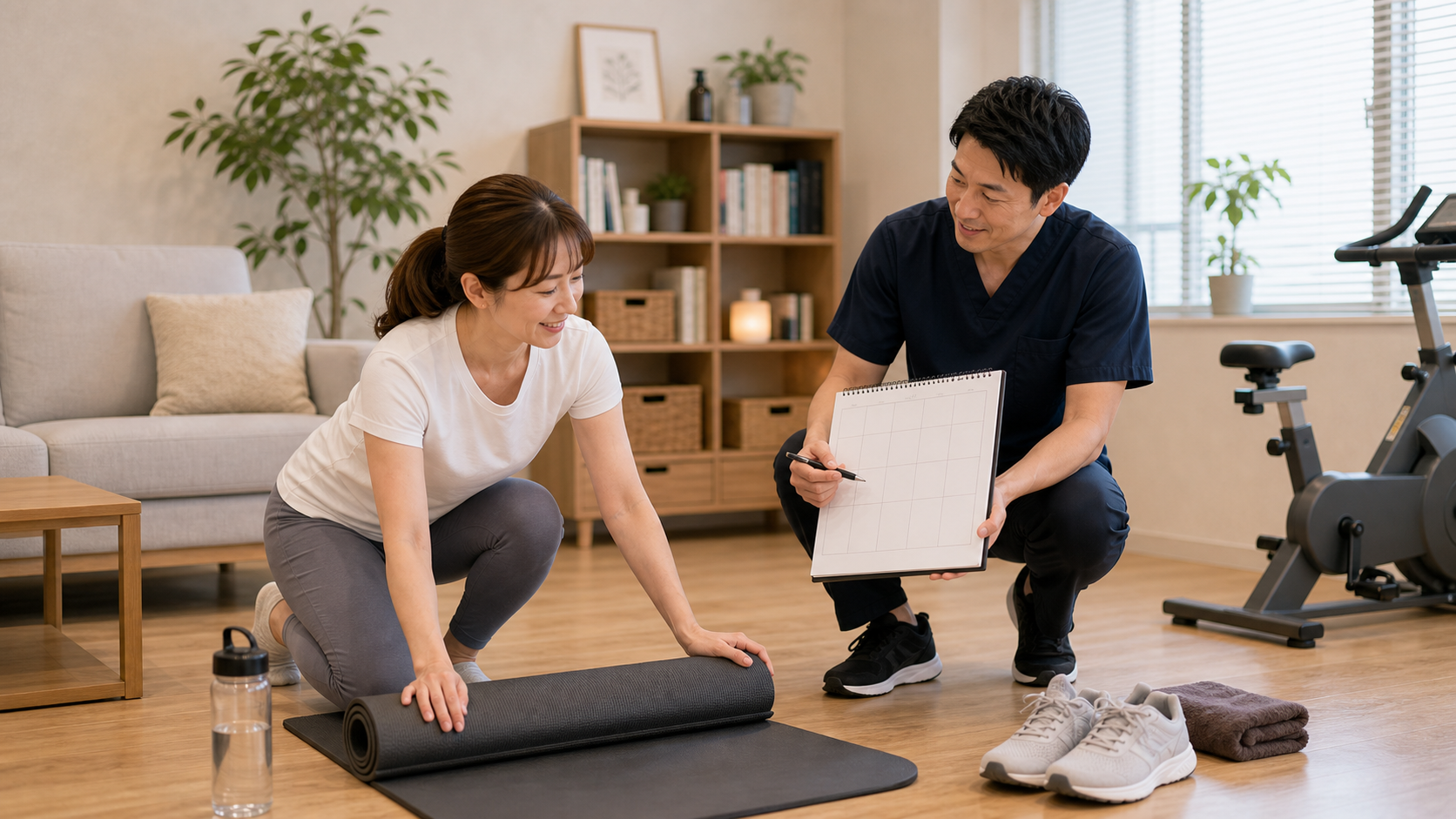 室内有酸素運動を毎日続ける準備を整体師と確認するイメージ