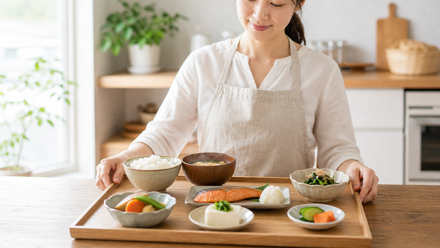 主食、主菜、副菜をそろえた食事トレーを準備する日本人女性のイメージ
