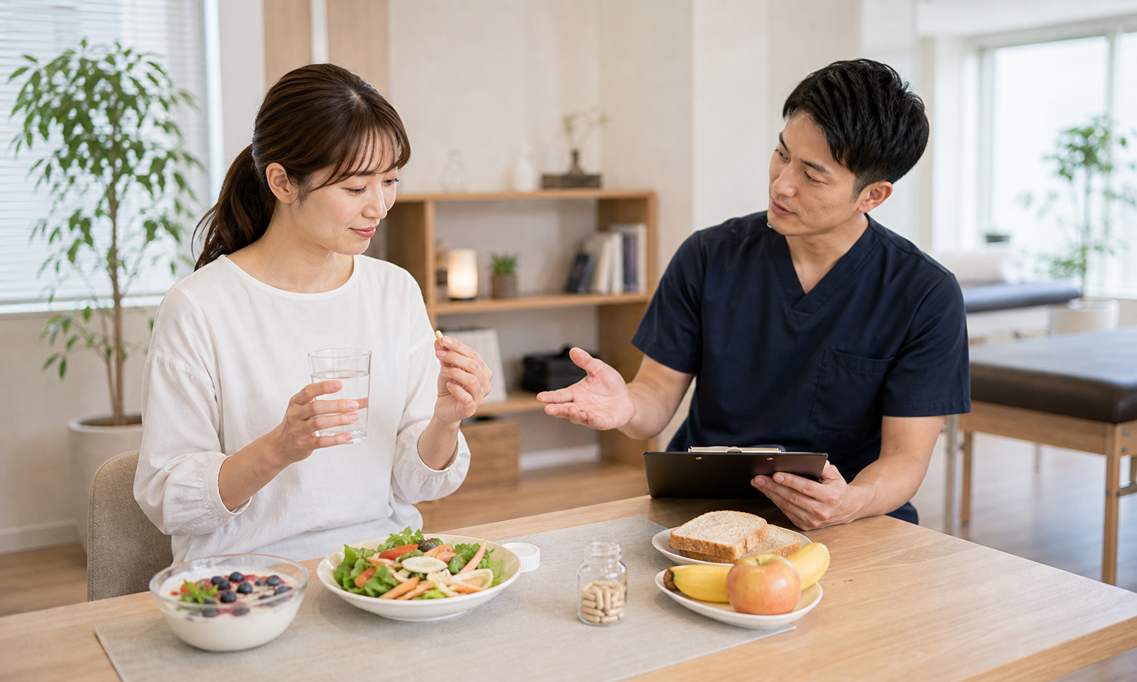 朝食と一緒にビタミンBを飲むタイミングを相談するイメージ