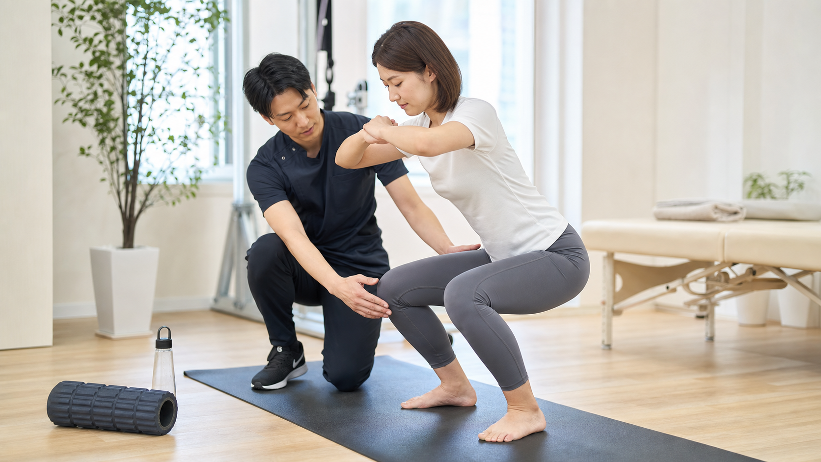 前もも改善で無理な筋トレや強いケアを避ける説明をするイメージ