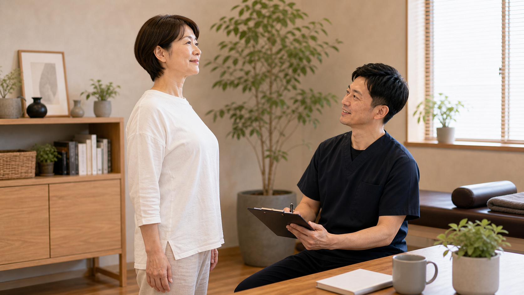 姿勢を整えたときの見た目や体の変化を整体師が確認するイメージ