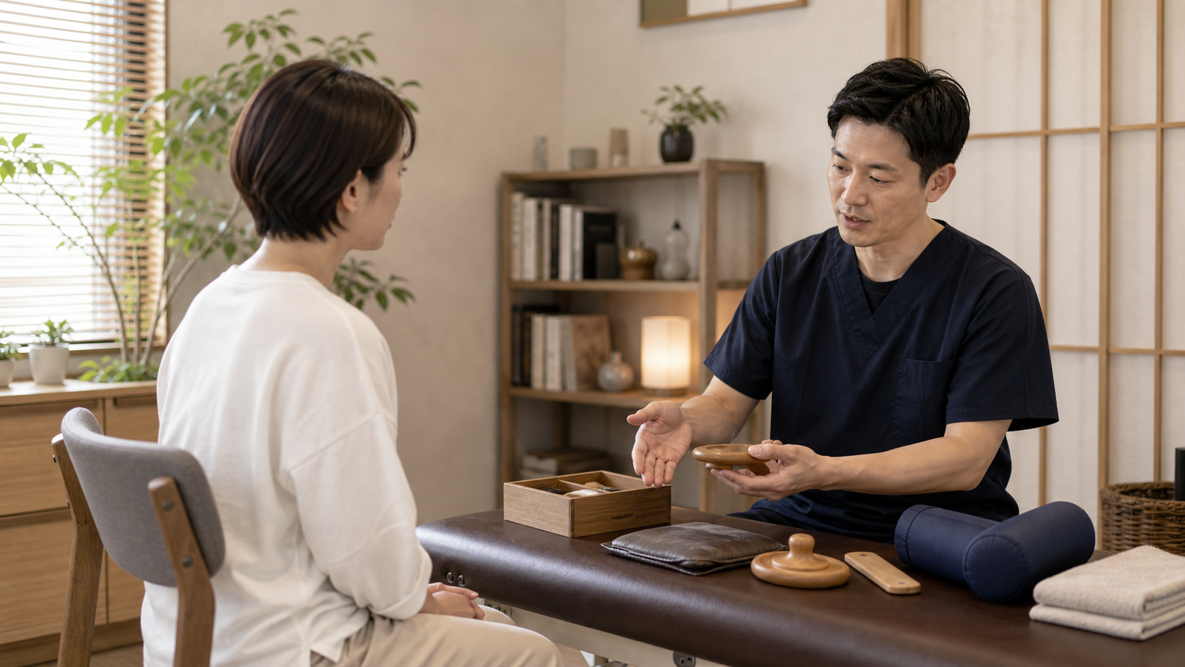 日本発祥の手技療法としての整体を現代の整体院で説明するイメージ