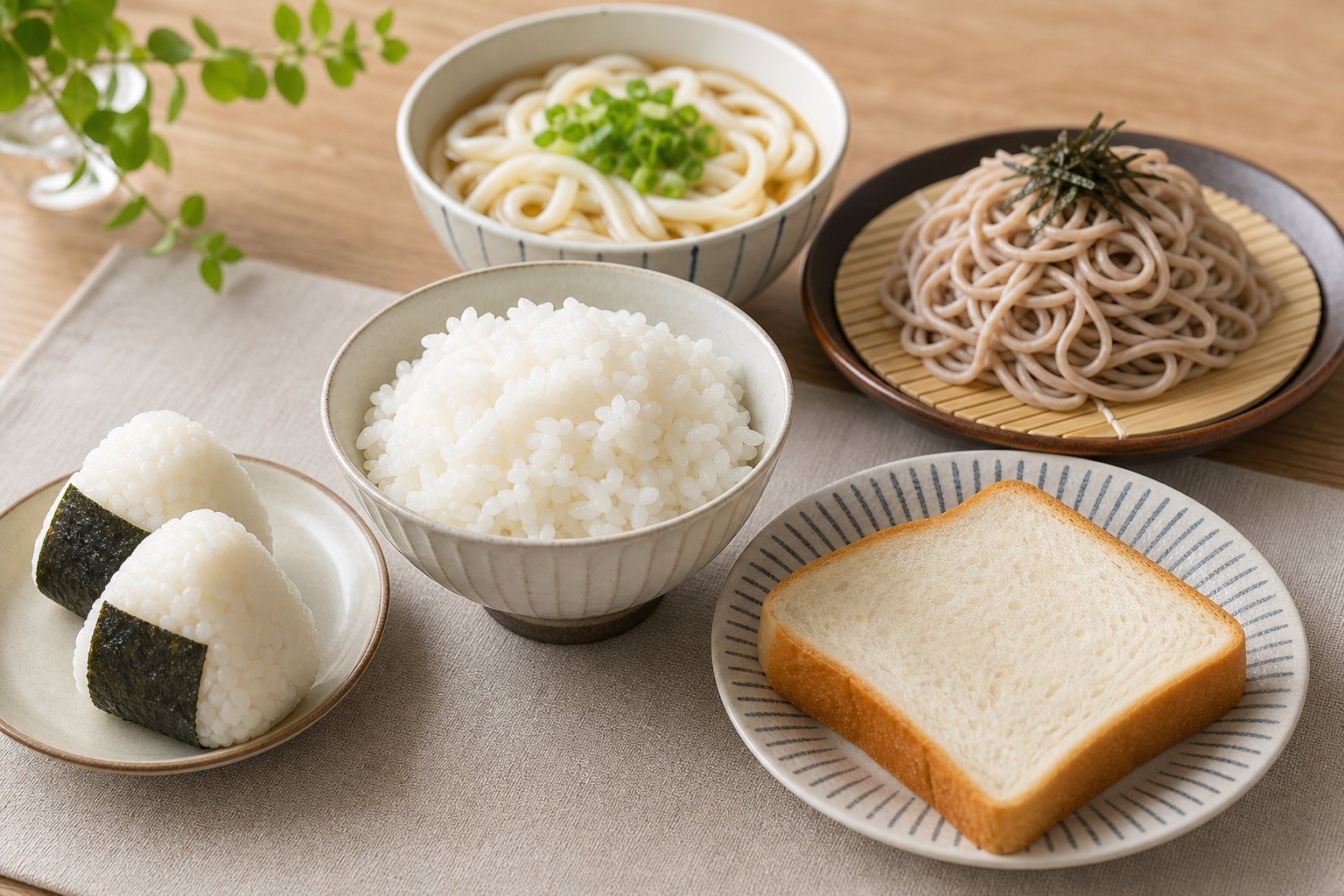 ご飯やおにぎりや麺類など主食になる炭水化物のイメージ