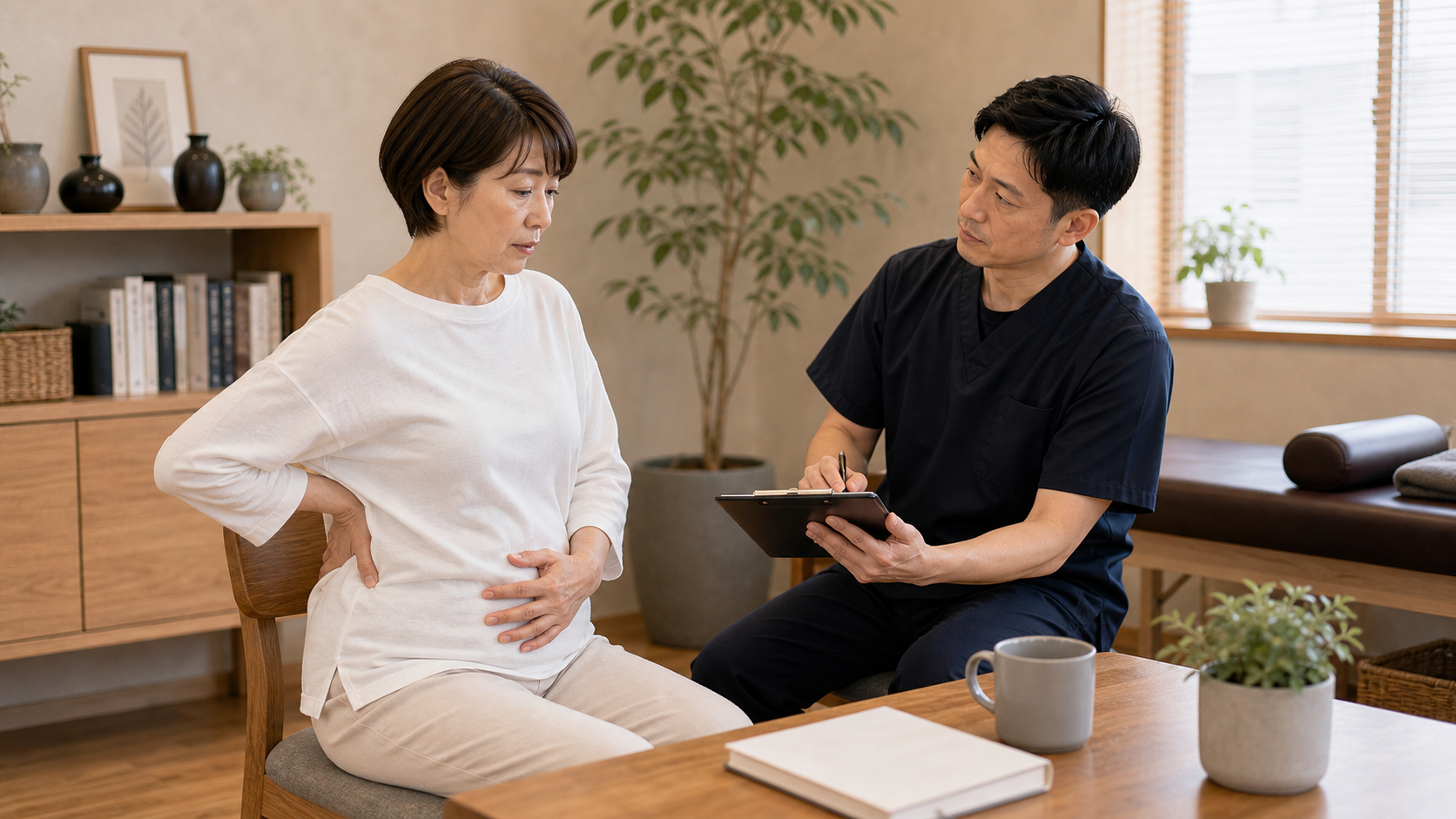 反り腰による腰の違和感やお腹まわりの悩みを整体師に相談するイメージ