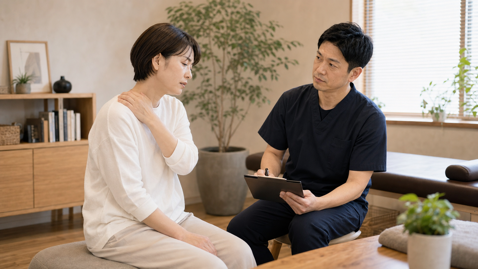 巻き肩による肩こりや首の違和感について整体師に相談するイメージ