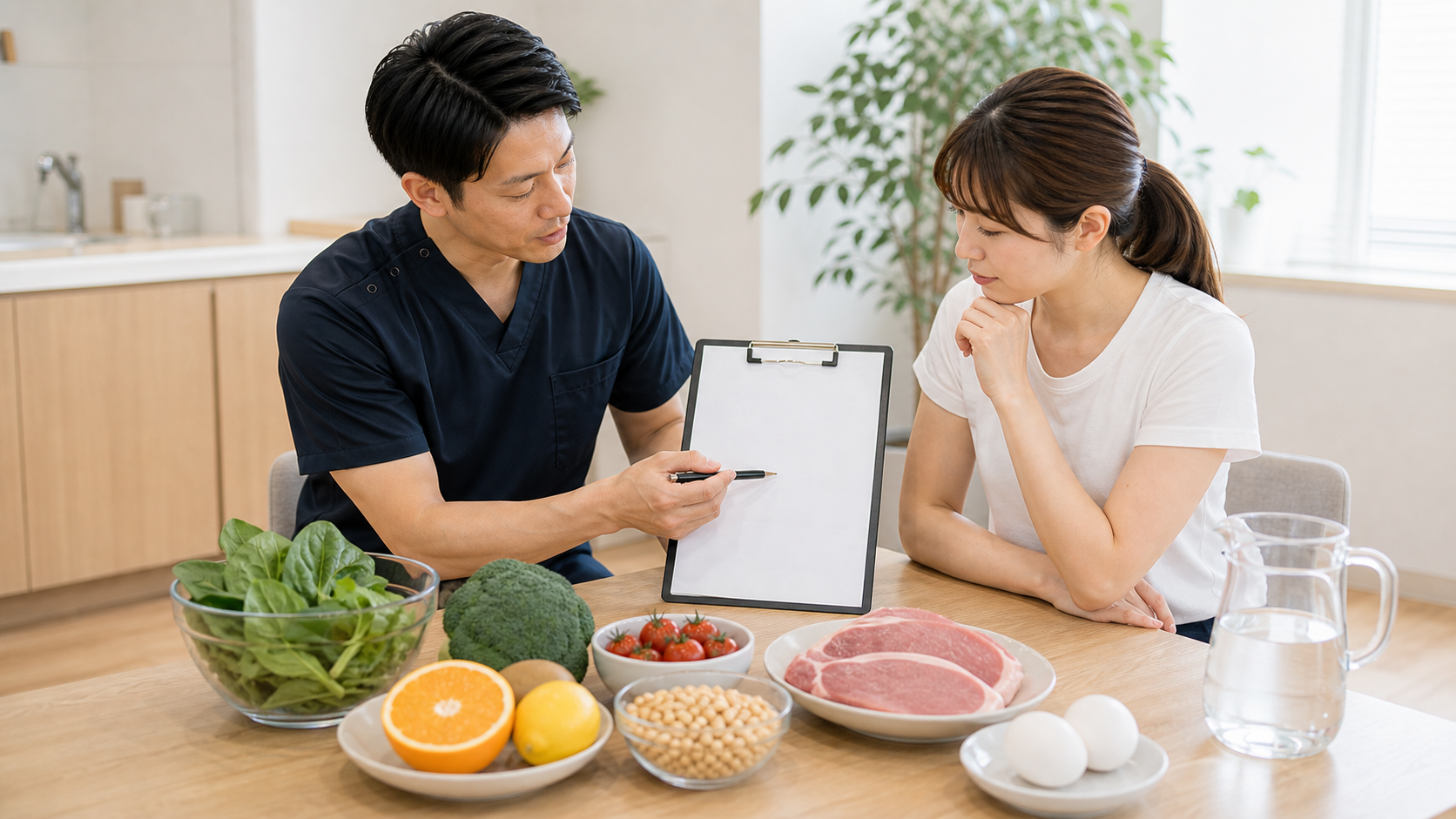 水溶性ビタミンを含む食材と摂取リズムを相談するイメージ