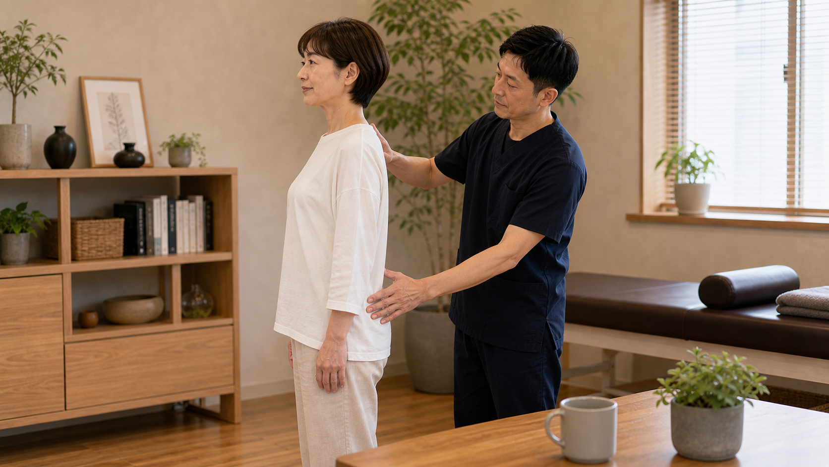 足裏と骨盤を安定させた正しい立ち方を整体師が確認するイメージ