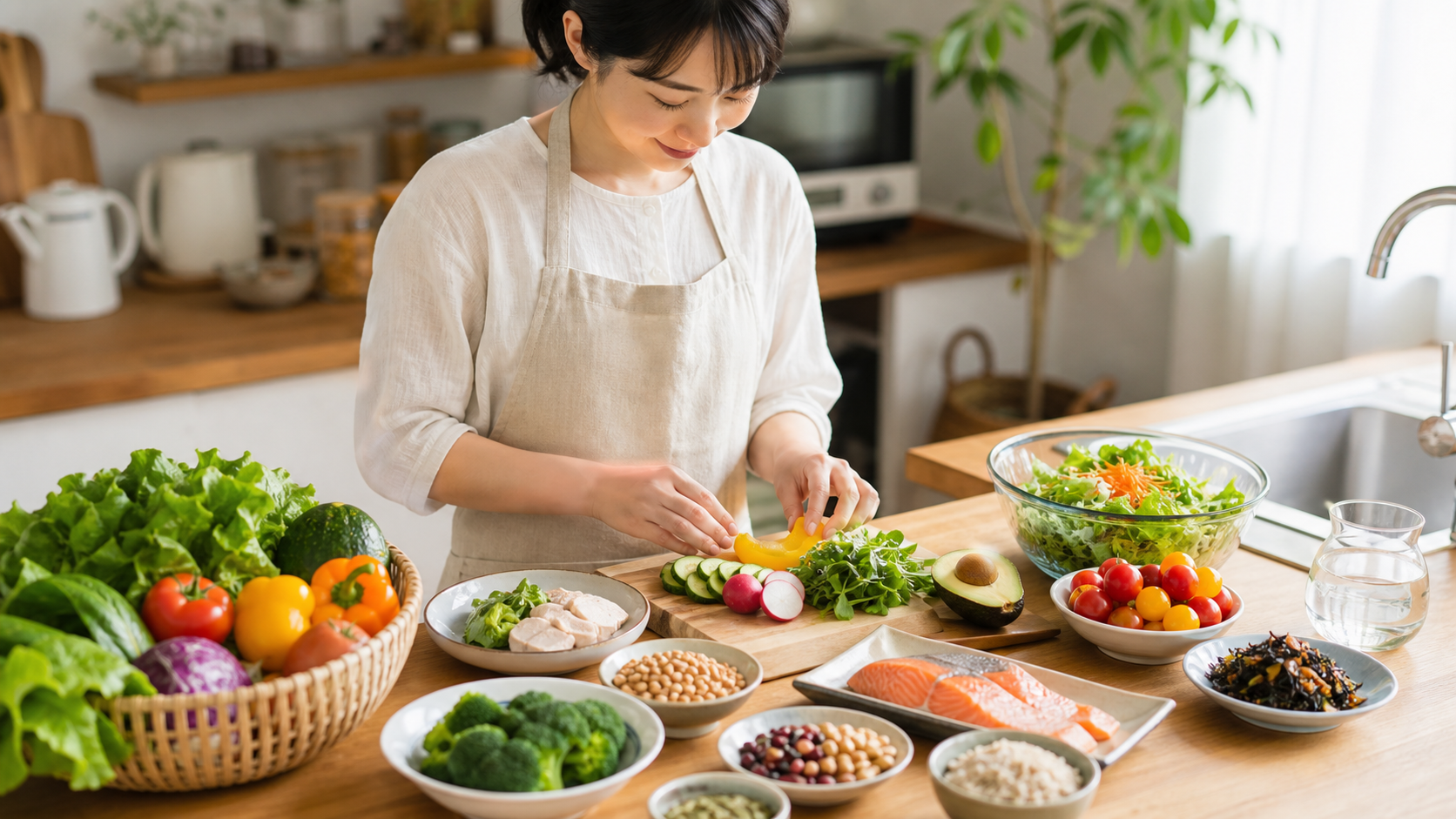 野菜や豆類など健康的な食材を台所で準備する日本人女性のイメージ