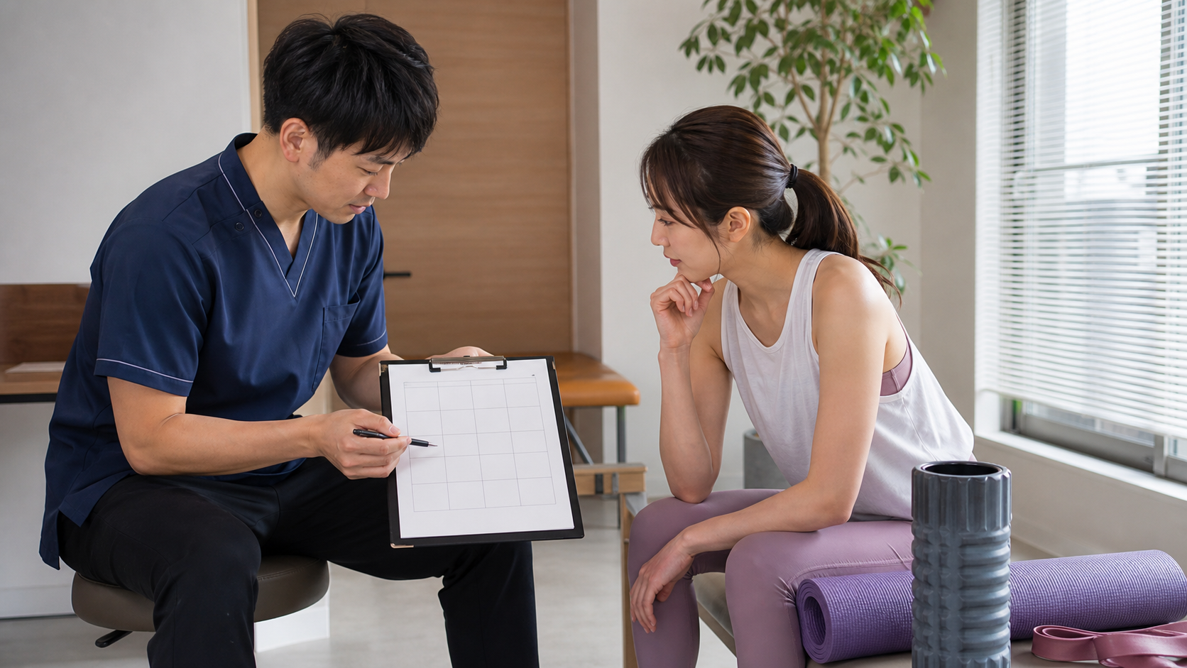 前もも改善の頻度と継続期間を整体師と相談するイメージ