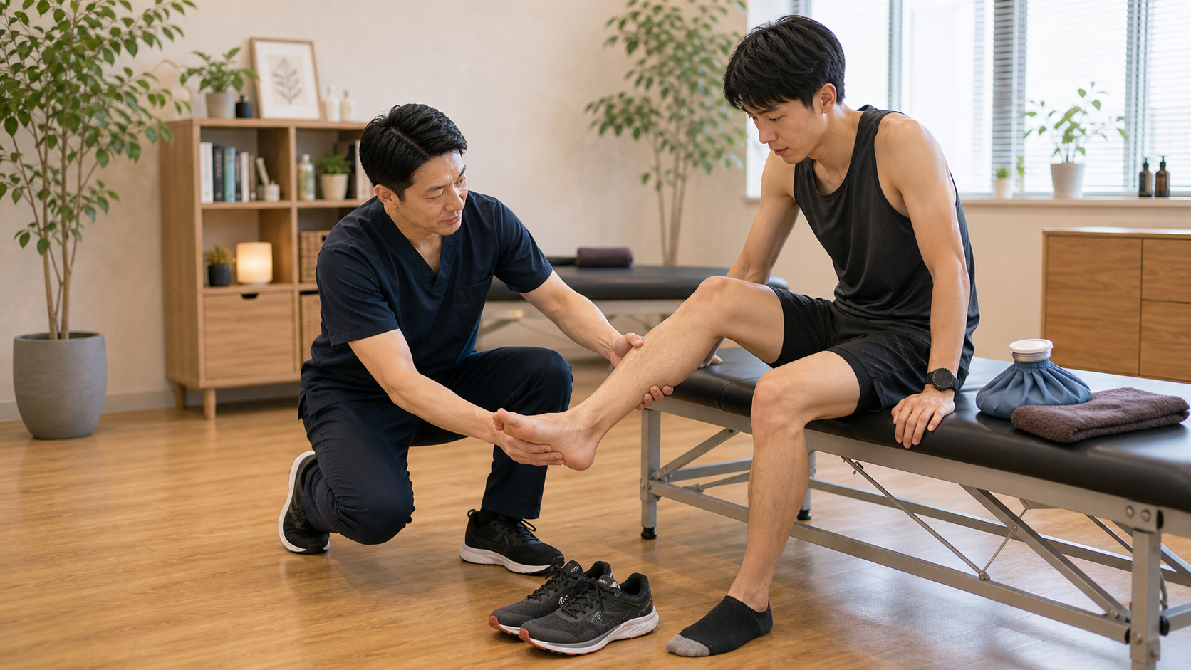 陸上選手の足首とふくらはぎの痛みを整体師が確認するイメージ