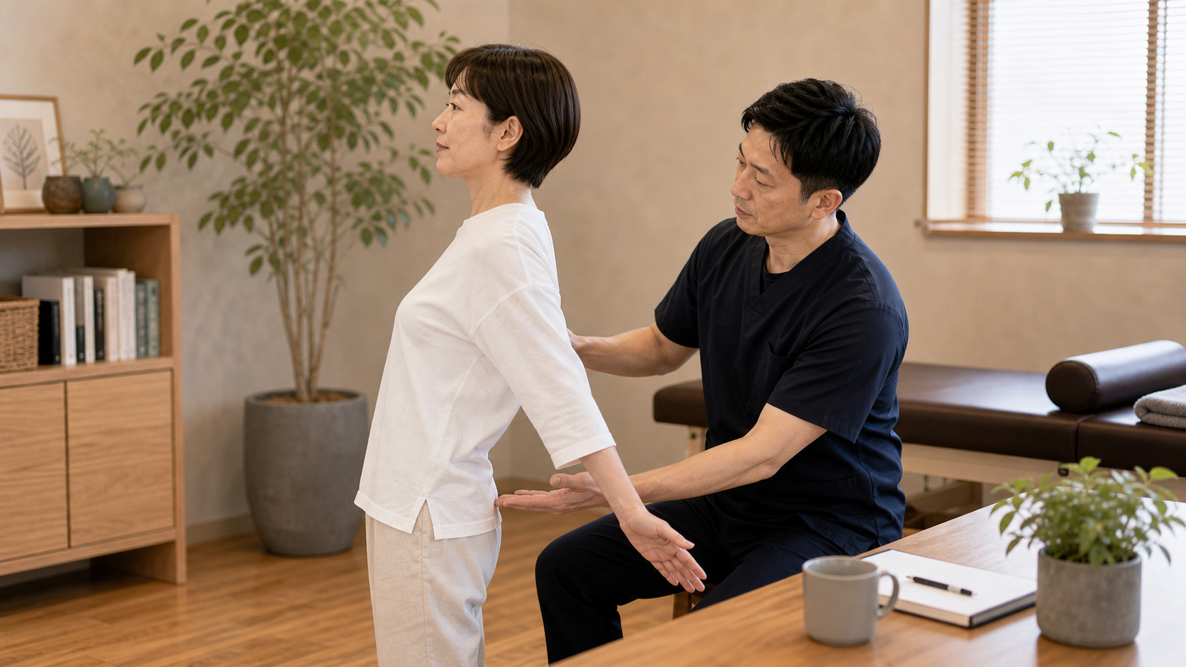 反り腰を無理に反らせず安全な骨盤位置を整体師が説明するイメージ