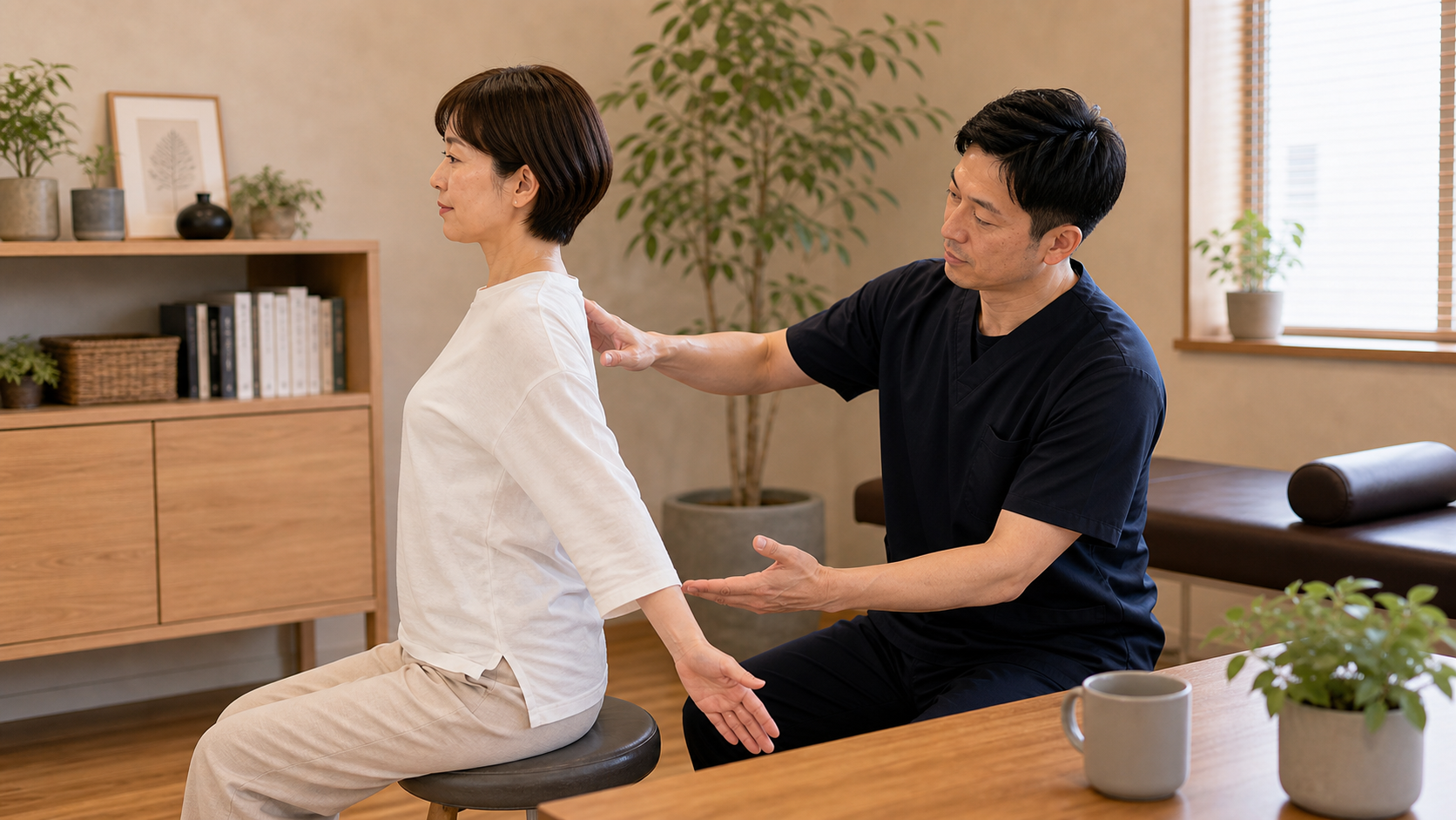 姿勢改善で無理に力を入れず自然な姿勢へ導くイメージ