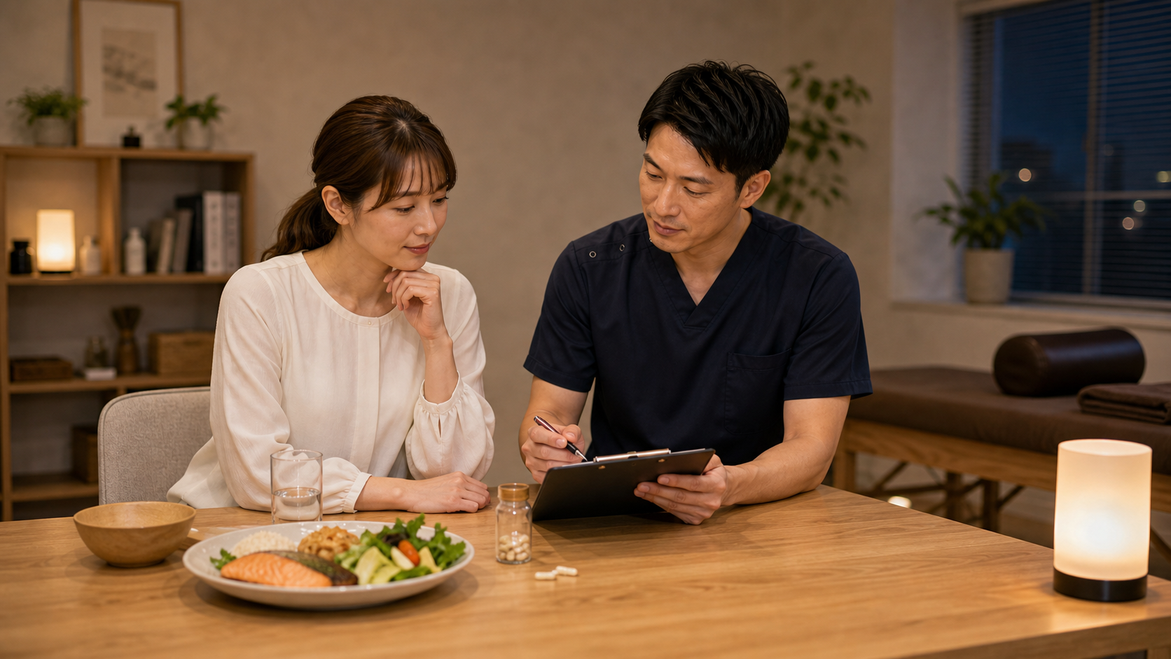 夕食後のビタミンB摂取と疲労回復について相談するイメージ