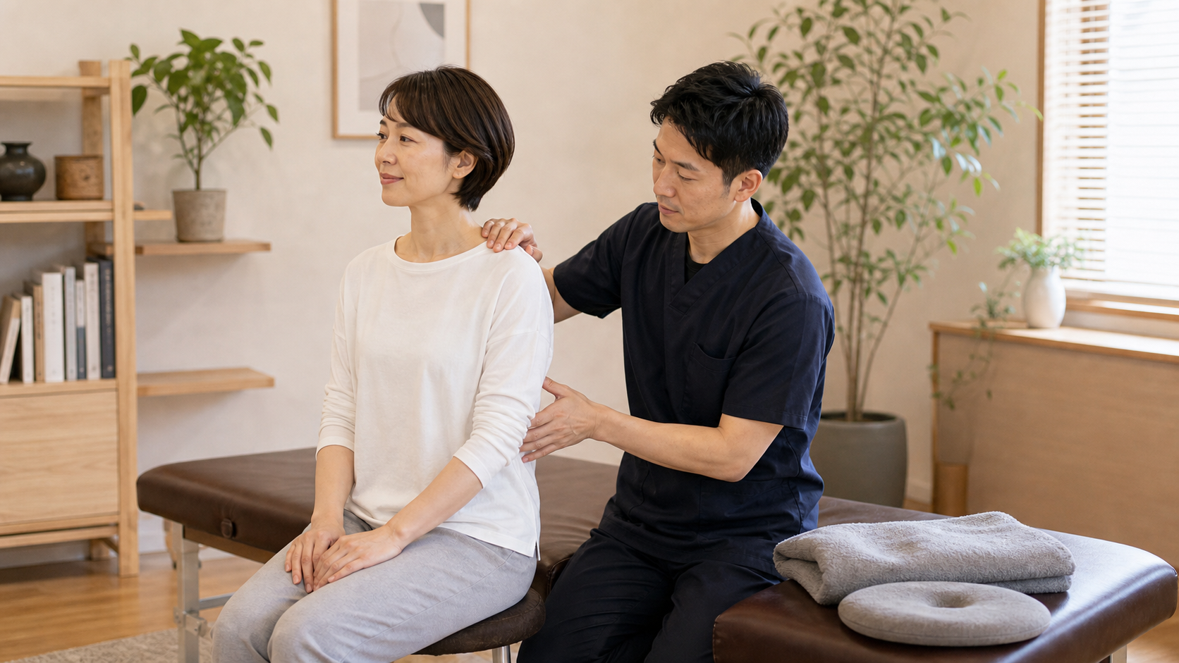 整体師が肩まわりをやさしく確認し施術内容を説明するイメージ