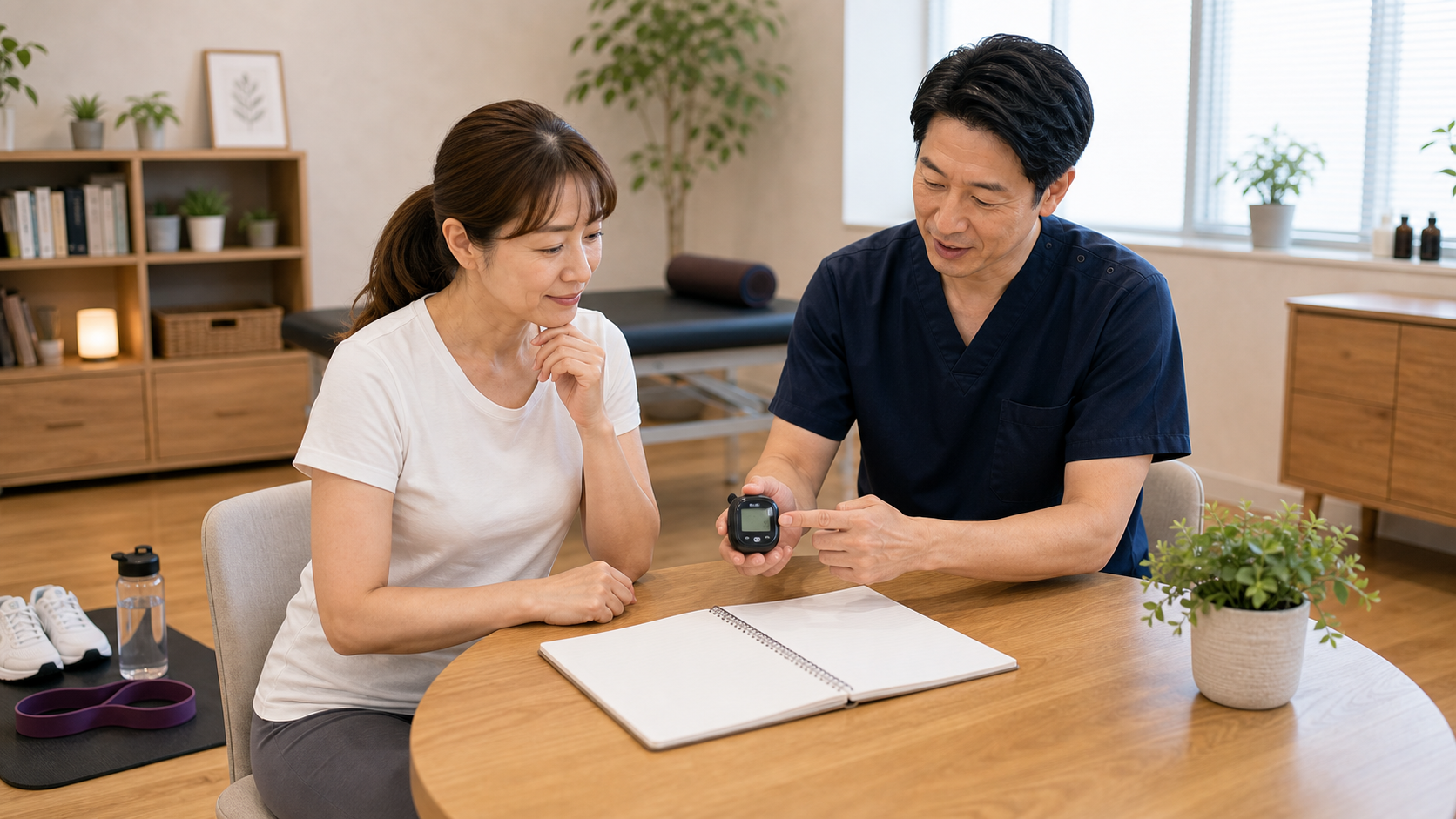 歩数と健康管理を整体師と確認するイメージ
