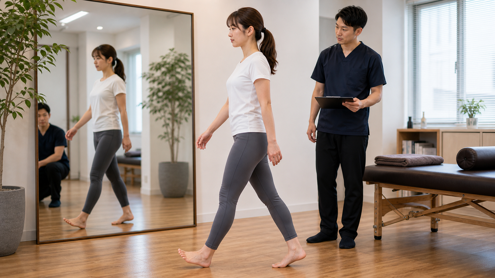 ふくらはぎを使う歩き方を整体師が歩行チェックするイメージ