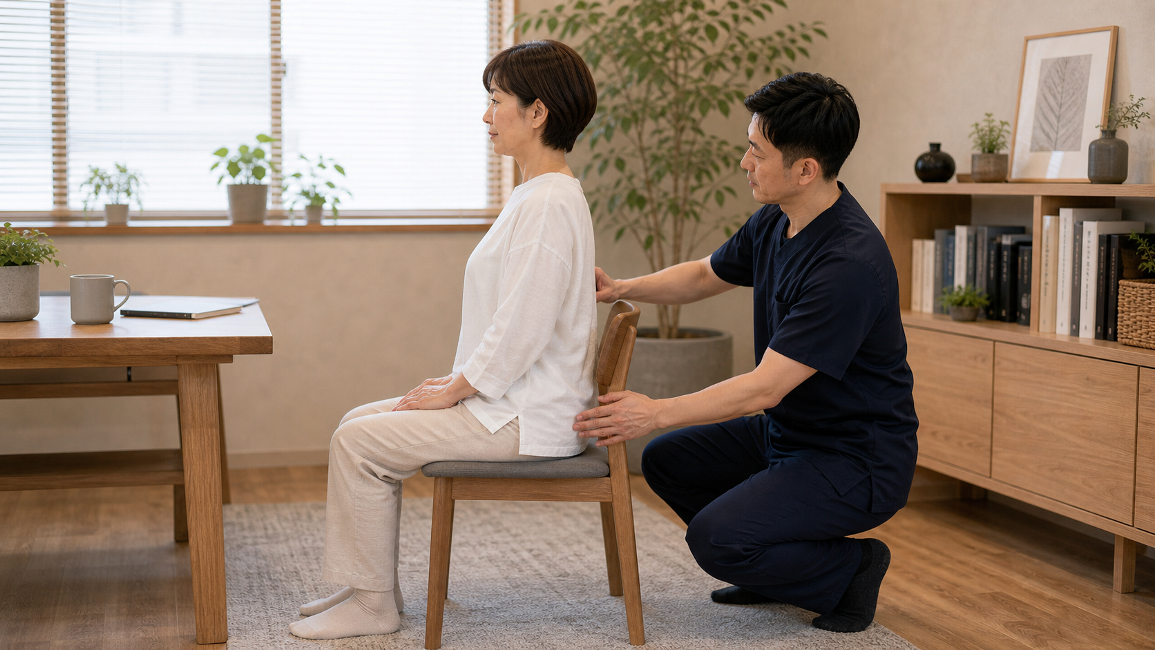 坐骨で座り骨盤を立てる正しい座り方を整体師が確認するイメージ