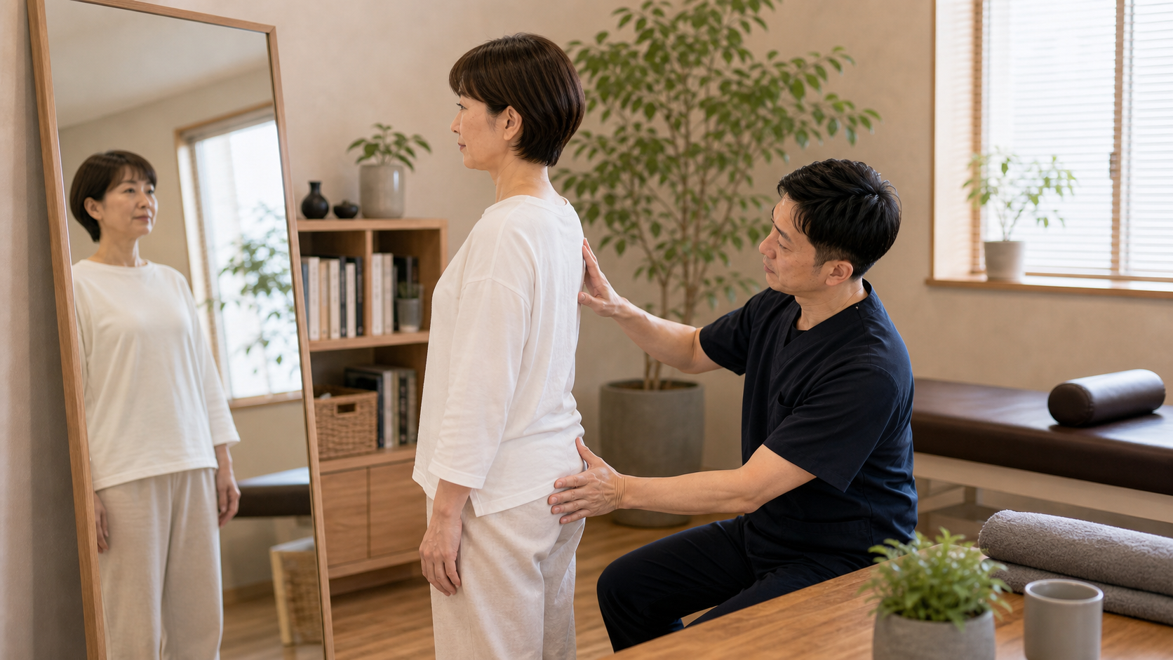 反り腰の姿勢矯正を一度で終わらせず骨盤位置を確認するイメージ