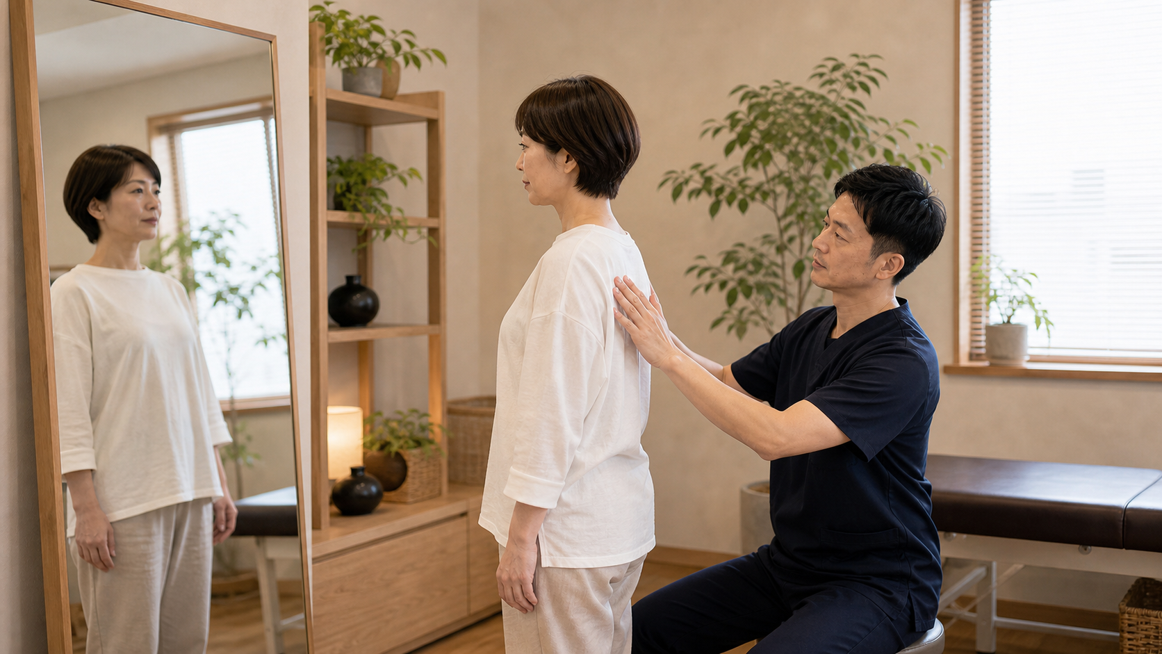 巻き肩矯正を一度で終わらせず姿勢変化を確認するイメージ