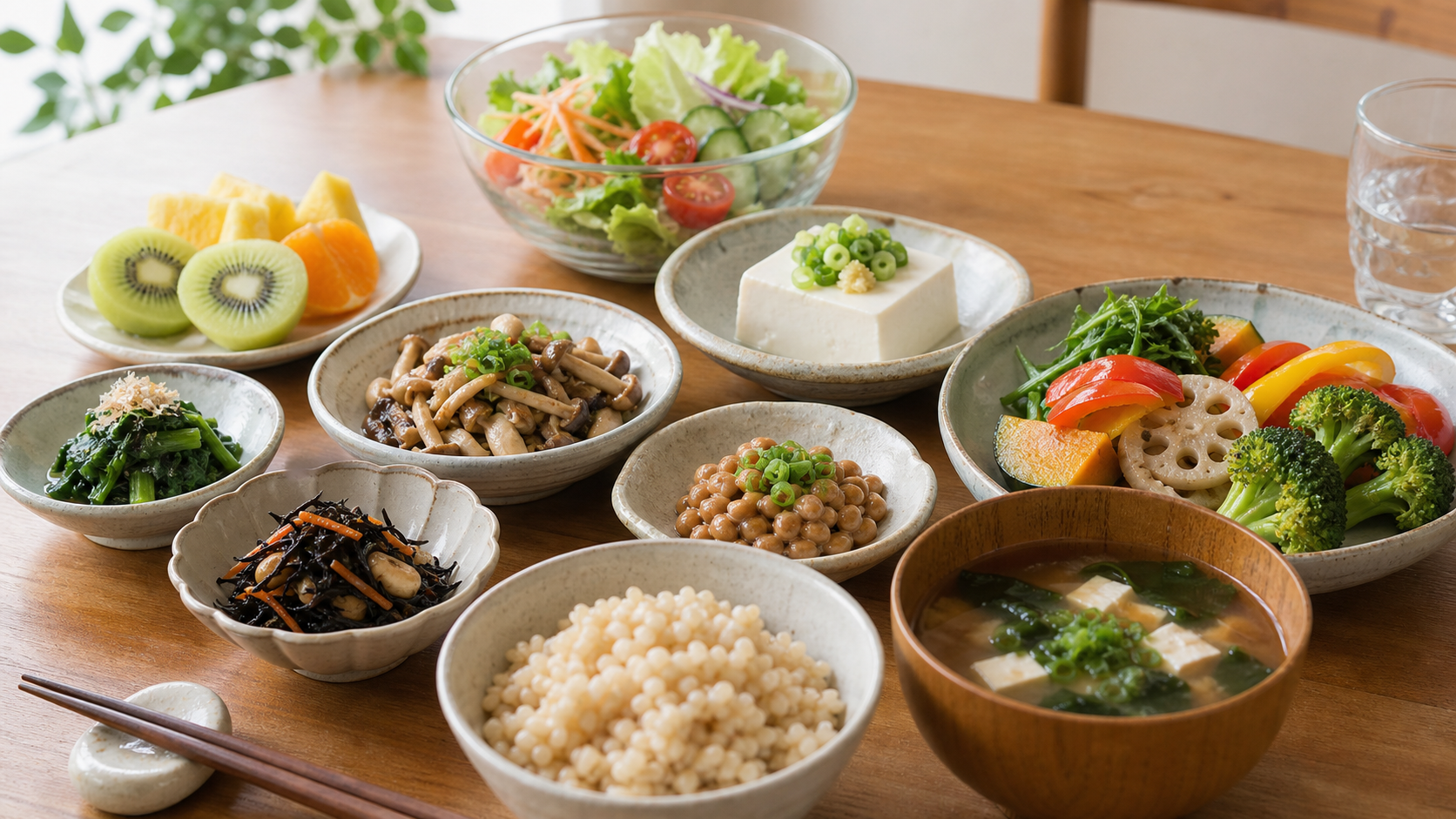 発酵食品、野菜、きのこ、海藻を含む健康的な和食のイメージ