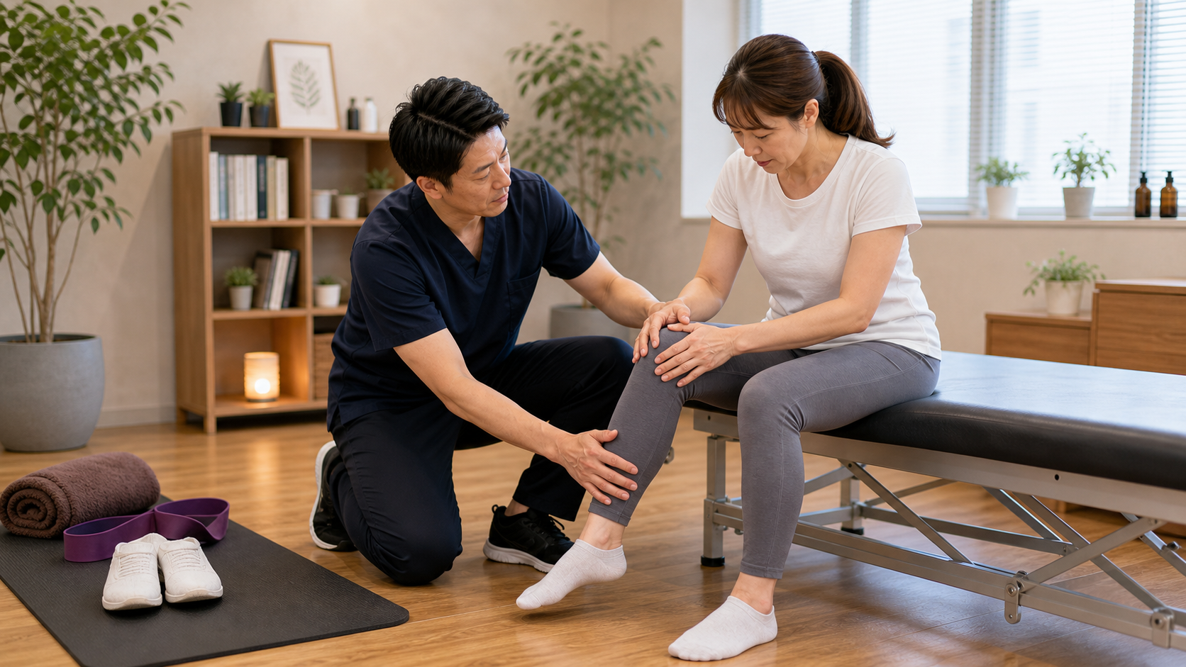室内運動で膝や足首に痛みが出た時に整体師が状態を確認するイメージ