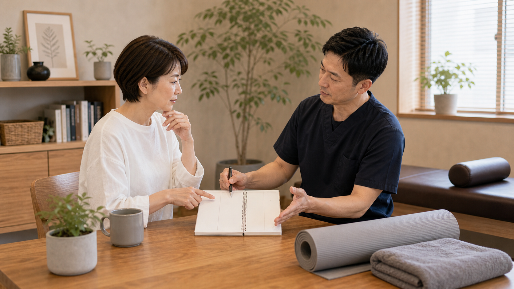 姿勢改善を1か月3か月6か月と段階的に続ける計画を相談するイメージ