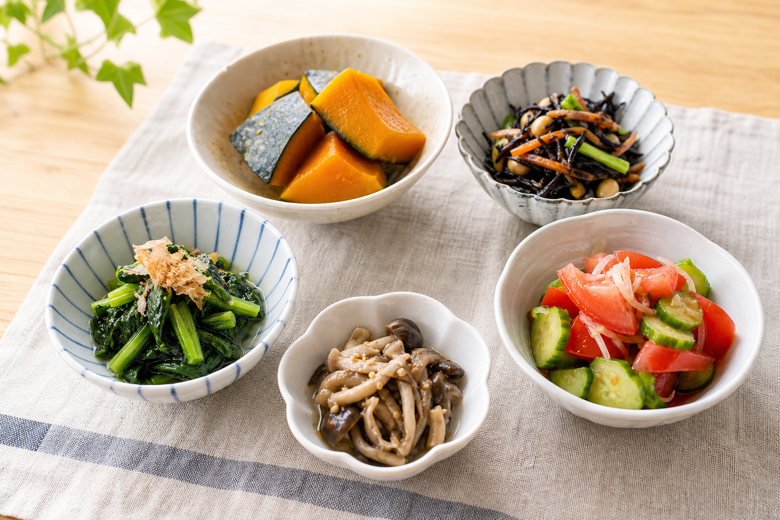 野菜や海藻を使った副菜でビタミンとミネラルを補うイメージ
