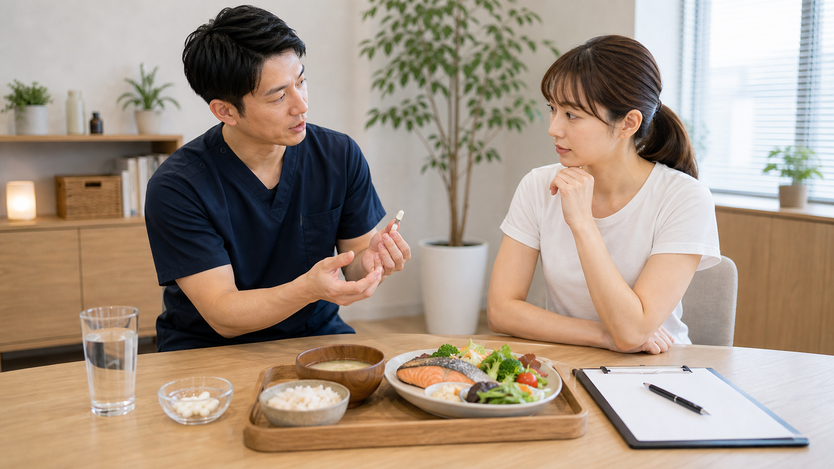 ビタミンBを食前と食後のどちらで飲むか食事と一緒に相談するイメージ
