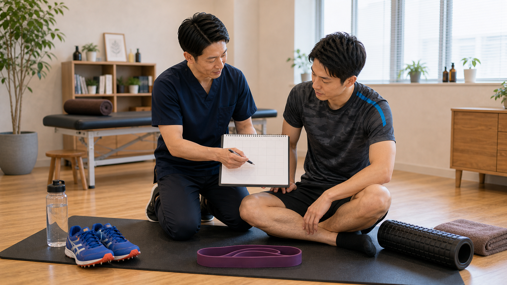 陸上選手のストレッチとコンディショニング計画を整体師と確認するイメージ