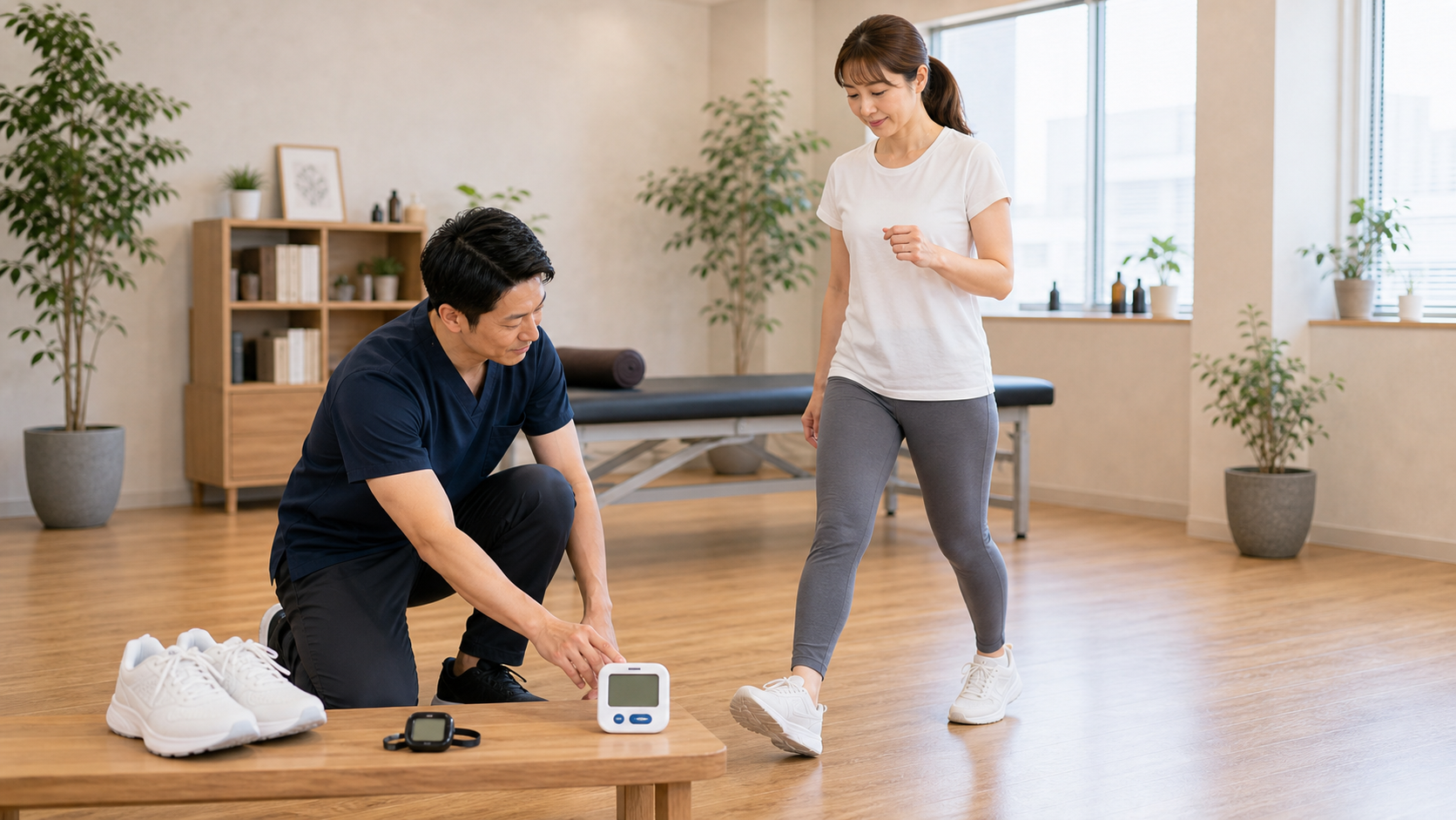 健康のための歩行量と運動時間を整体師が案内するイメージ