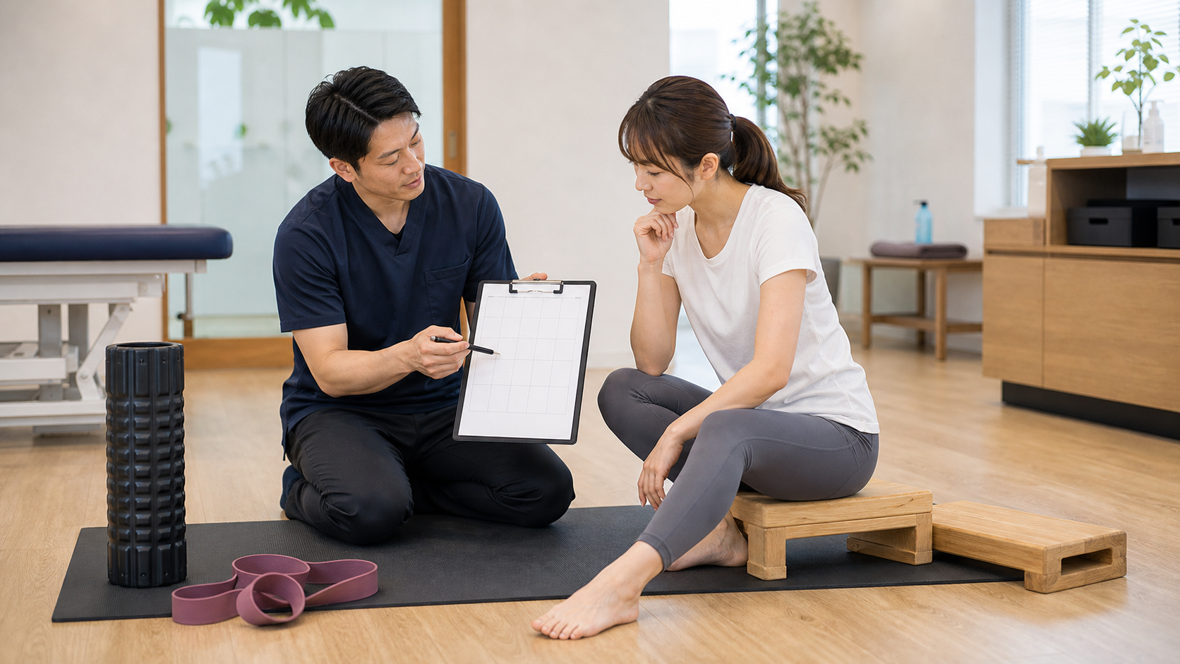 太ももとふくらはぎのバランス改善の頻度を整体師と相談するイメージ