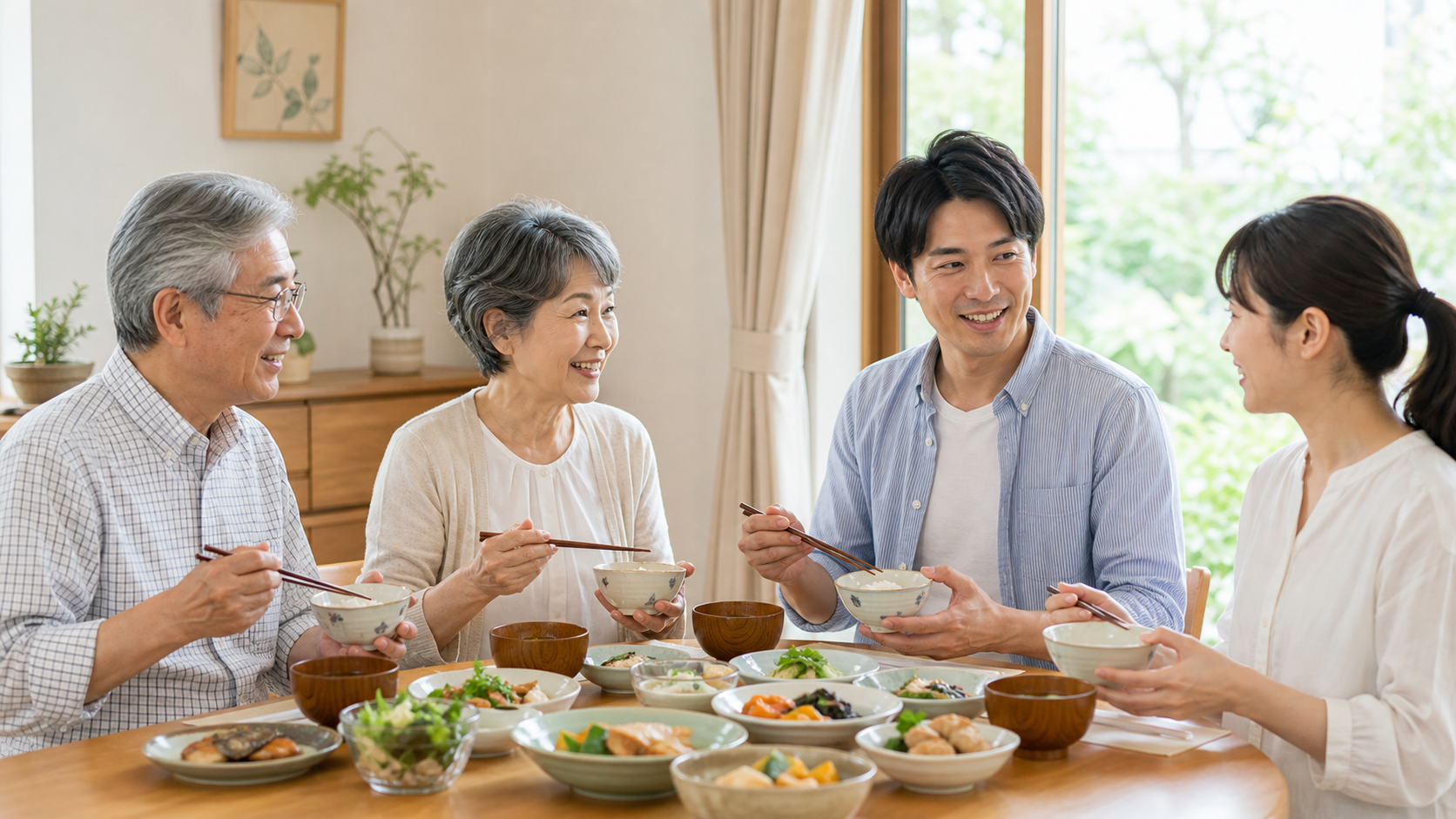 世代の異なる日本人家族がバランスのよい食事を囲むイメージ