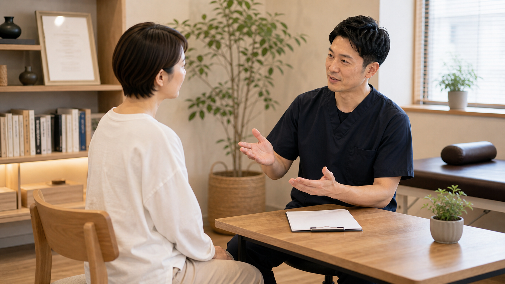 整体師の資格や説明責任について落ち着いて相談するイメージ