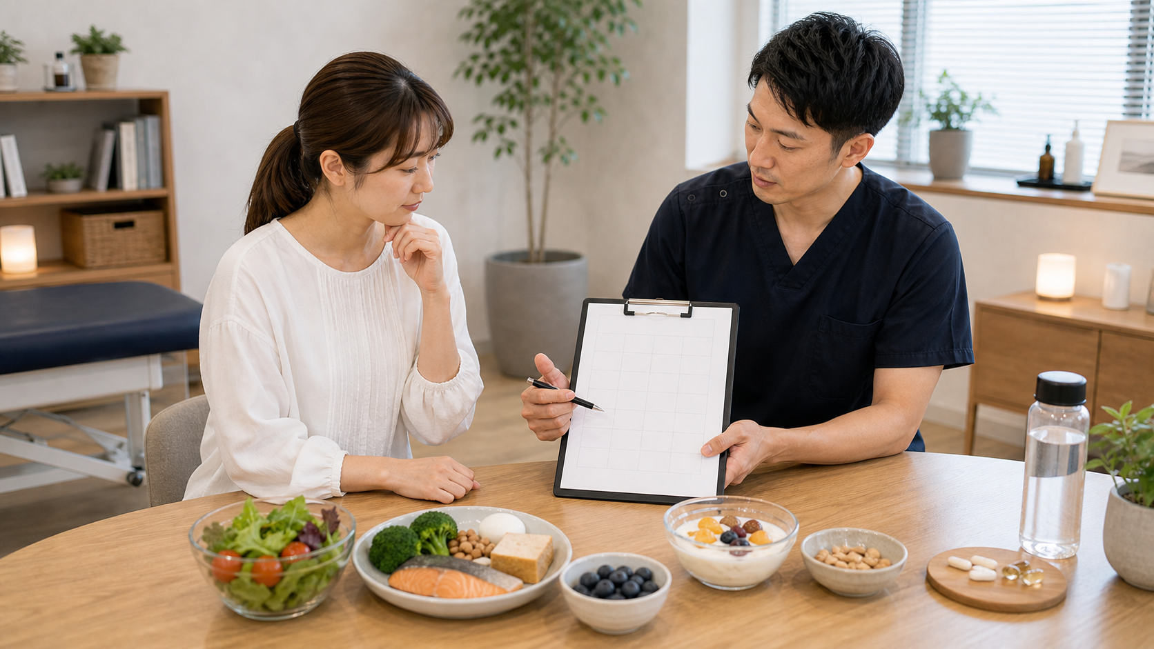 疲労や肌の悩みに合わせたビタミン選びを相談するイメージ