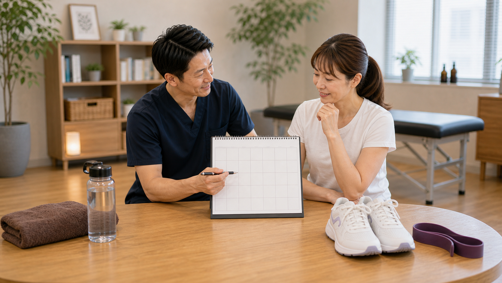 ウォーキングの変化タイムラインを整体師と確認するイメージ