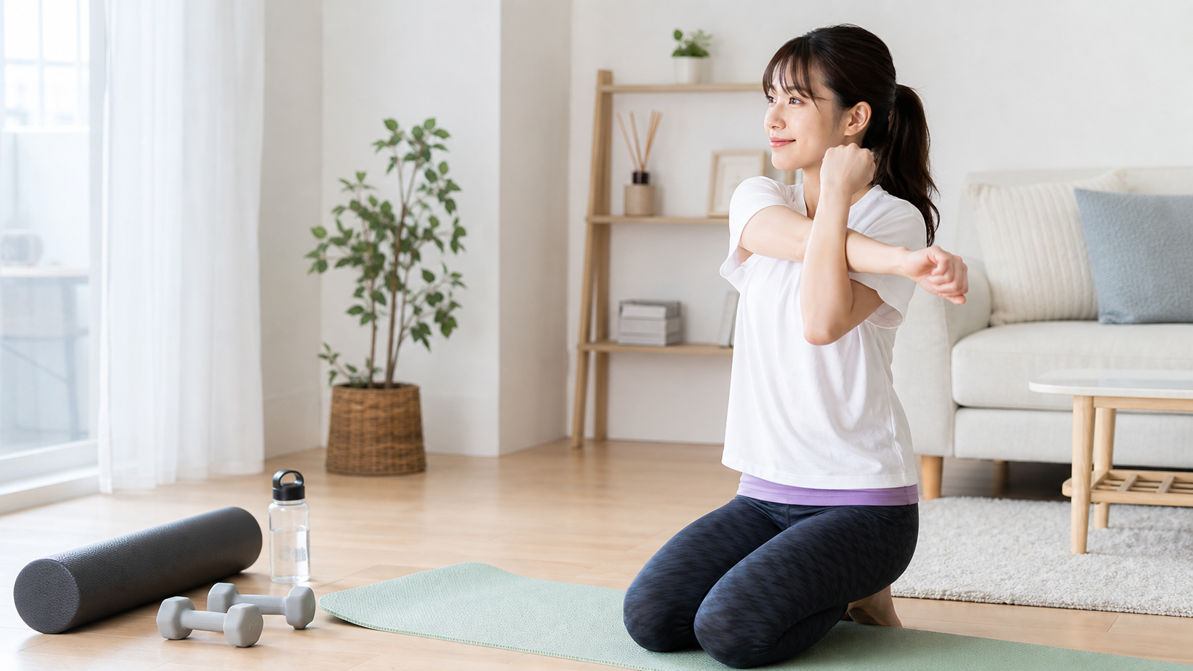 トレーニング前に肩まわりをやさしく伸ばす日本人女性のイメージ