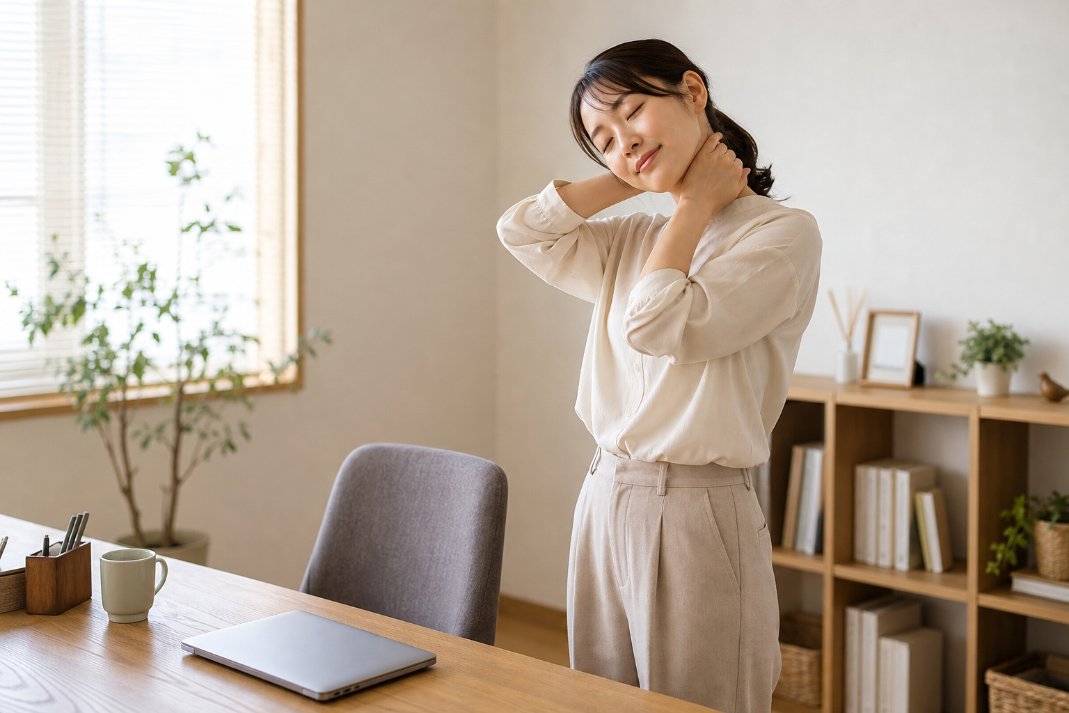 仕事の合間に首と肩を伸ばす日本人女性のイメージ