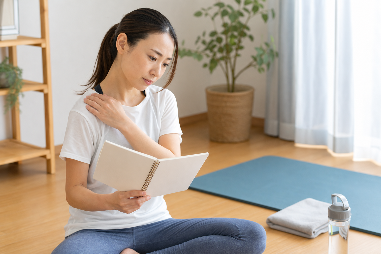 肩に手を当てながら自宅でストレッチメニューを確認する日本人女性のイメージ