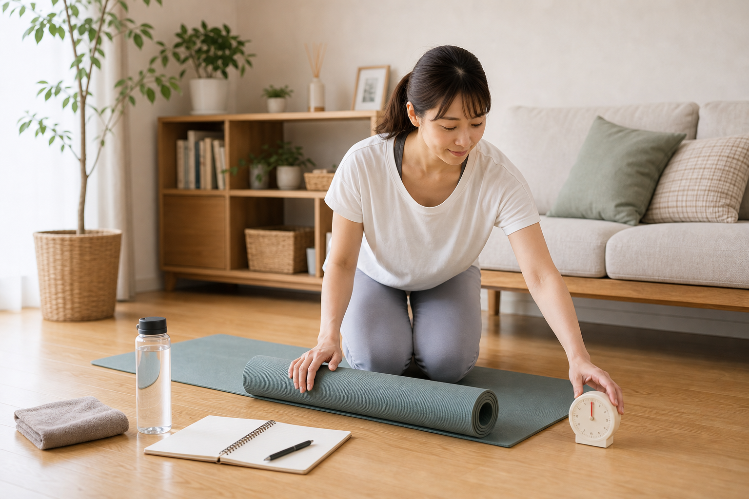 短時間のストレッチ習慣のためにヨガマットを準備する日本人女性のイメージ