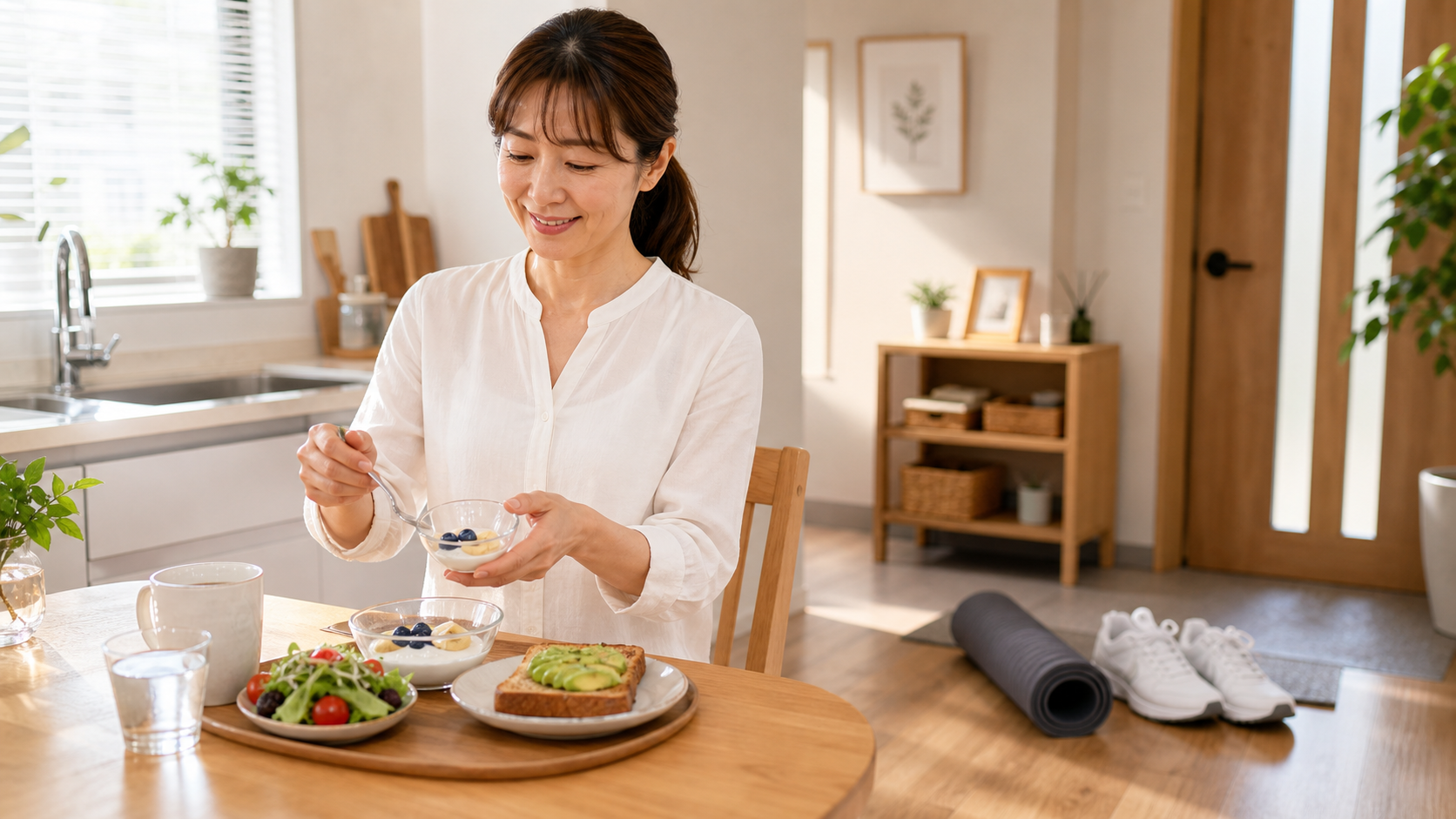 40代ダイエットの朝の食事と運動準備のイメージ