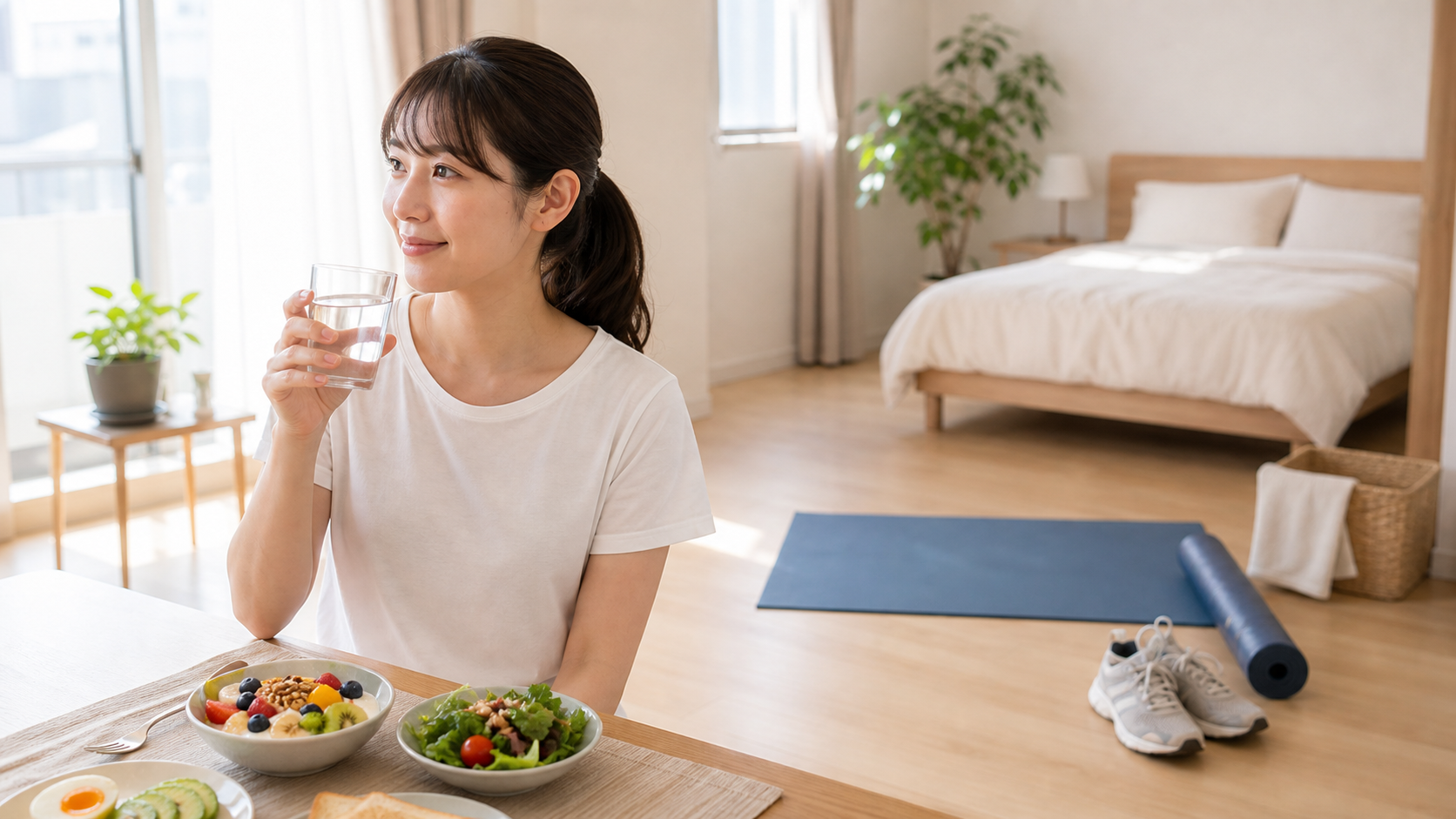 食事、運動、睡眠を意識した朝の生活空間にいる日本人女性のイメージ